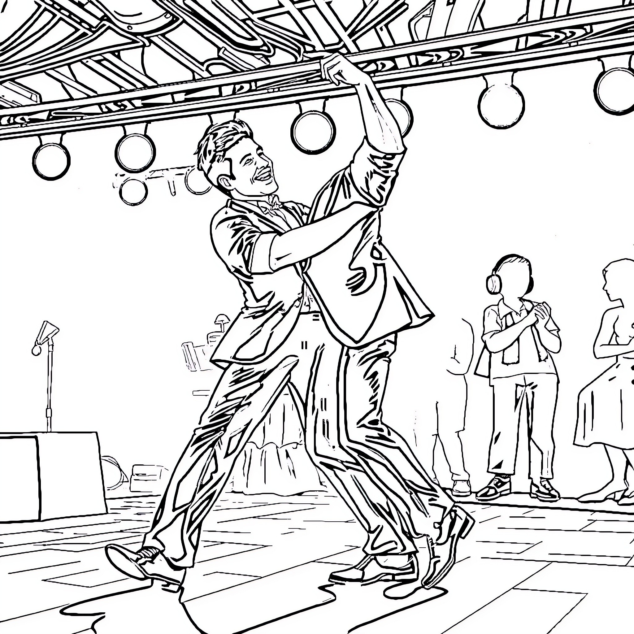 Lloyd's Energetic Dance Performance on Stage Coloring Page (free black-and-white line drawing printable PDF for all, from beginners to advanced learners, including children, teens, adults, and seniors)