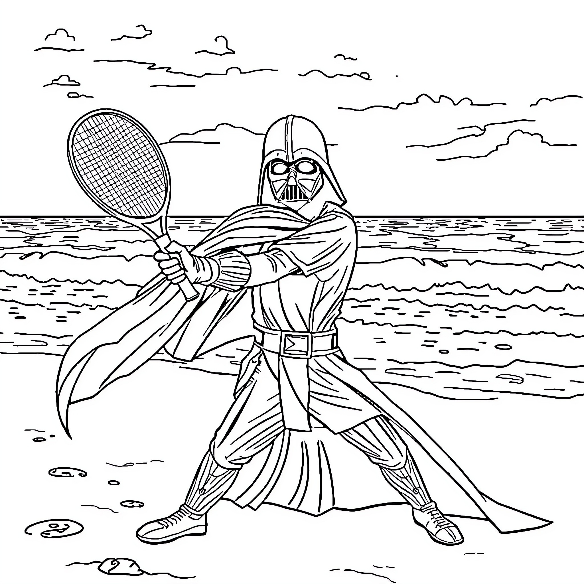 Dart Vader playing tennis on the beach Coloring Page (free black-and-white line drawing printable PDF for all, from beginners to advanced learners, including children, teens, adults, and seniors)