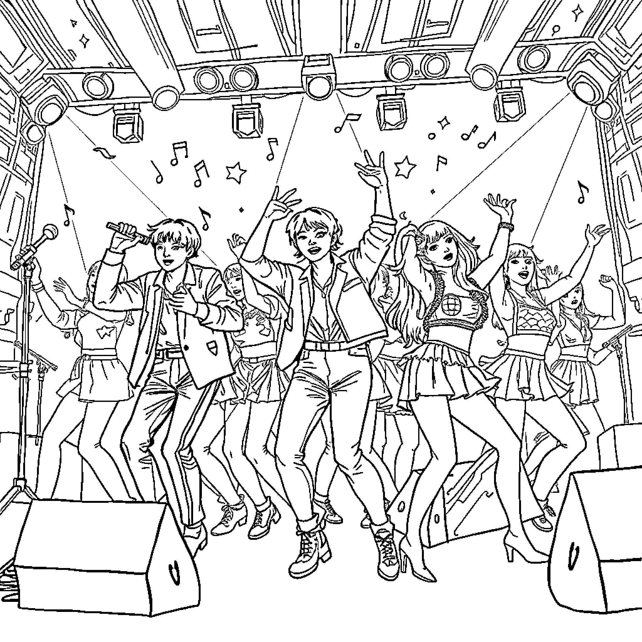 K Pop Group Performing on Stage with Energy Coloring Page (free black-and-white line drawing printable PDF for all, from beginners to advanced learners, including children, teens, adults, and seniors)