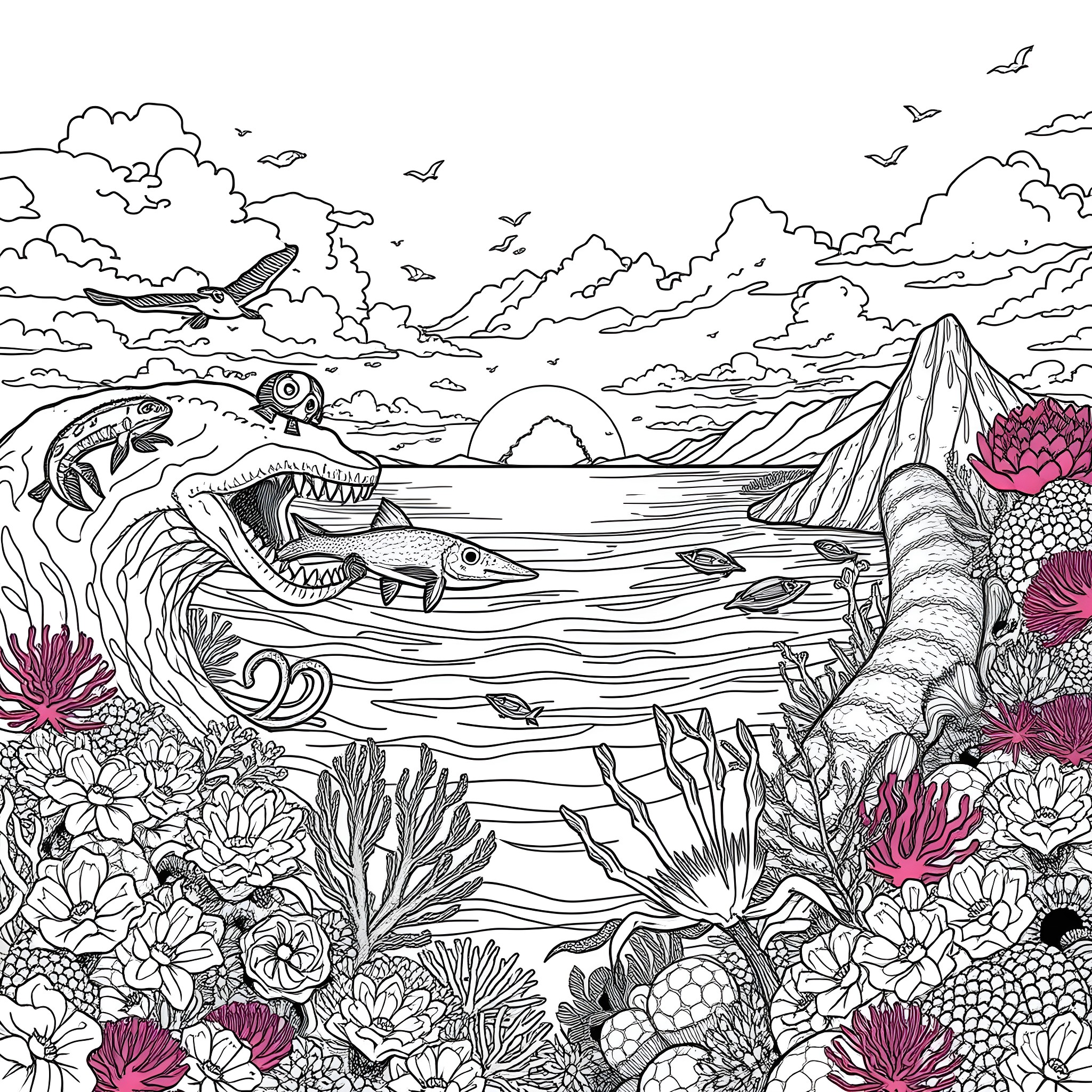 Nature in Mystical Wonderland Coloring Page (free black-and-white line drawing printable PDF for all, from beginners to advanced learners, including children, teens, adults, and seniors)