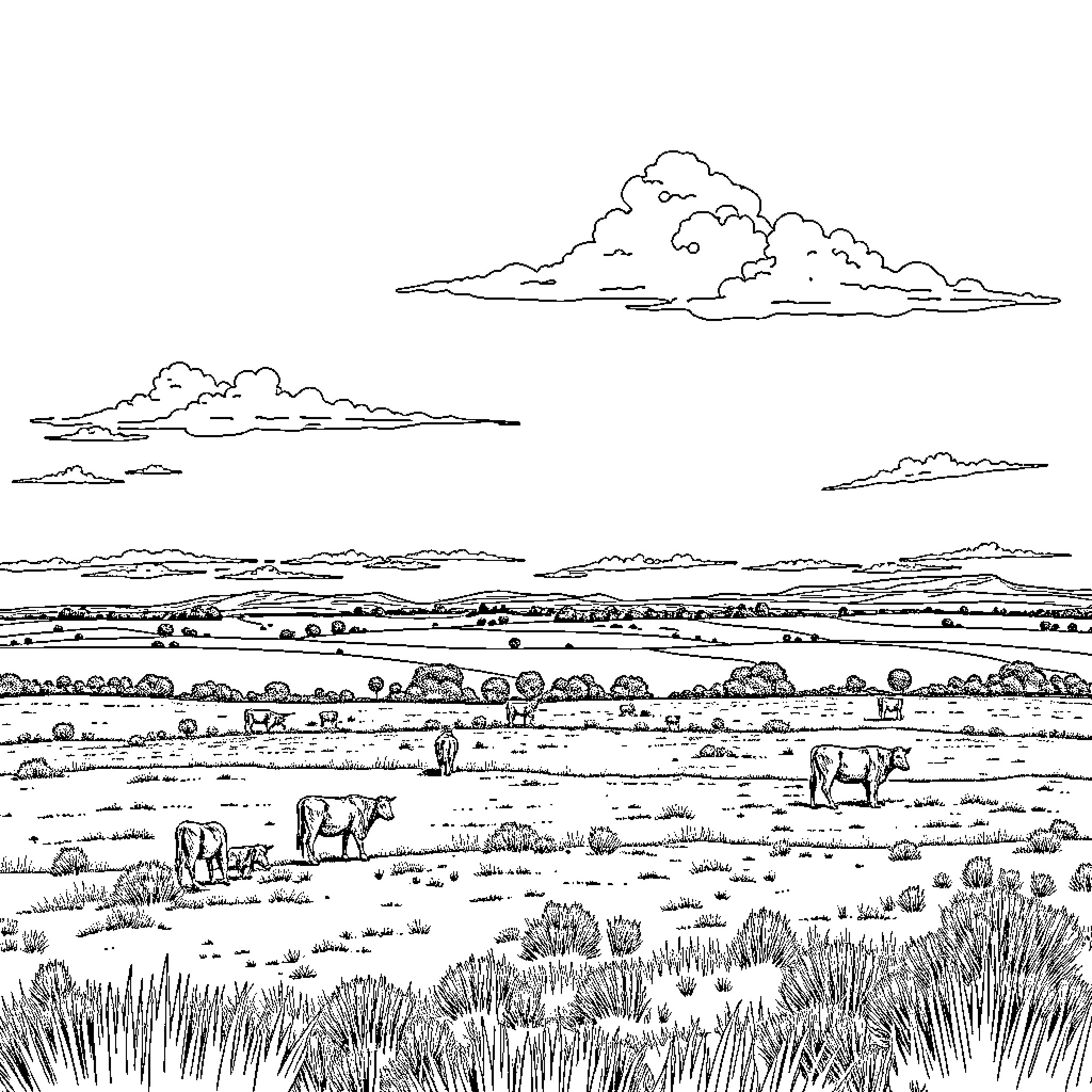 Ranch Landscape with Grazing Cattle Coloring Page (free black-and-white line drawing printable PDF for all, from beginners to advanced learners, including children, teens, adults, and seniors)