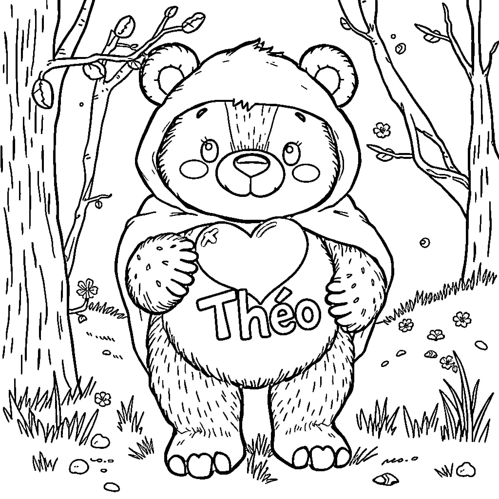Bear cub holding a heart-shaped sign in nature Coloring Page (free black-and-white line drawing printable PDF for all, from beginners to advanced learners, including children, teens, adults, and seniors)
