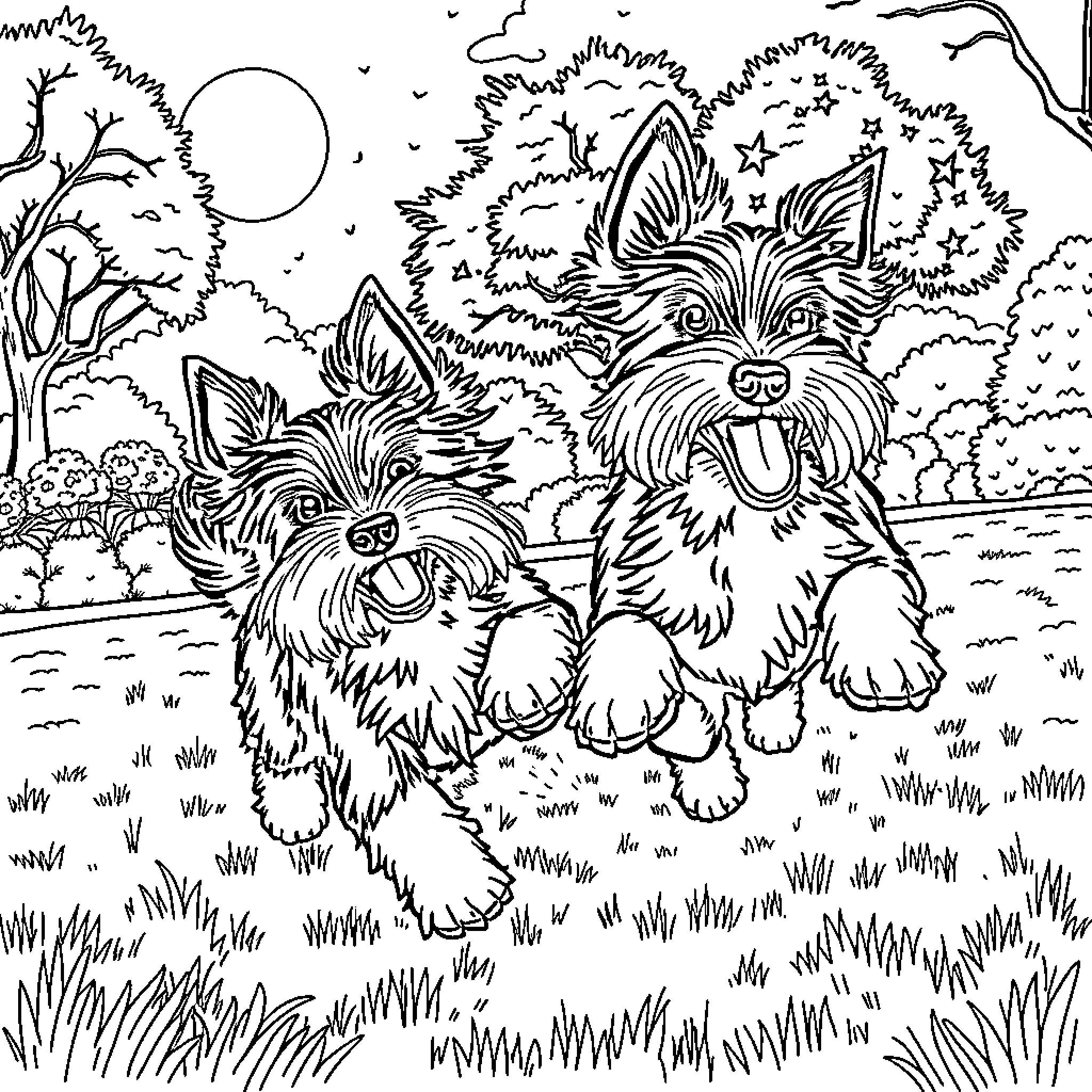 Affenpinscher dogs playing joyfully in nature Coloring Page (free black-and-white line drawing printable PDF for all, from beginners to advanced learners, including children, teens, adults, and seniors)
