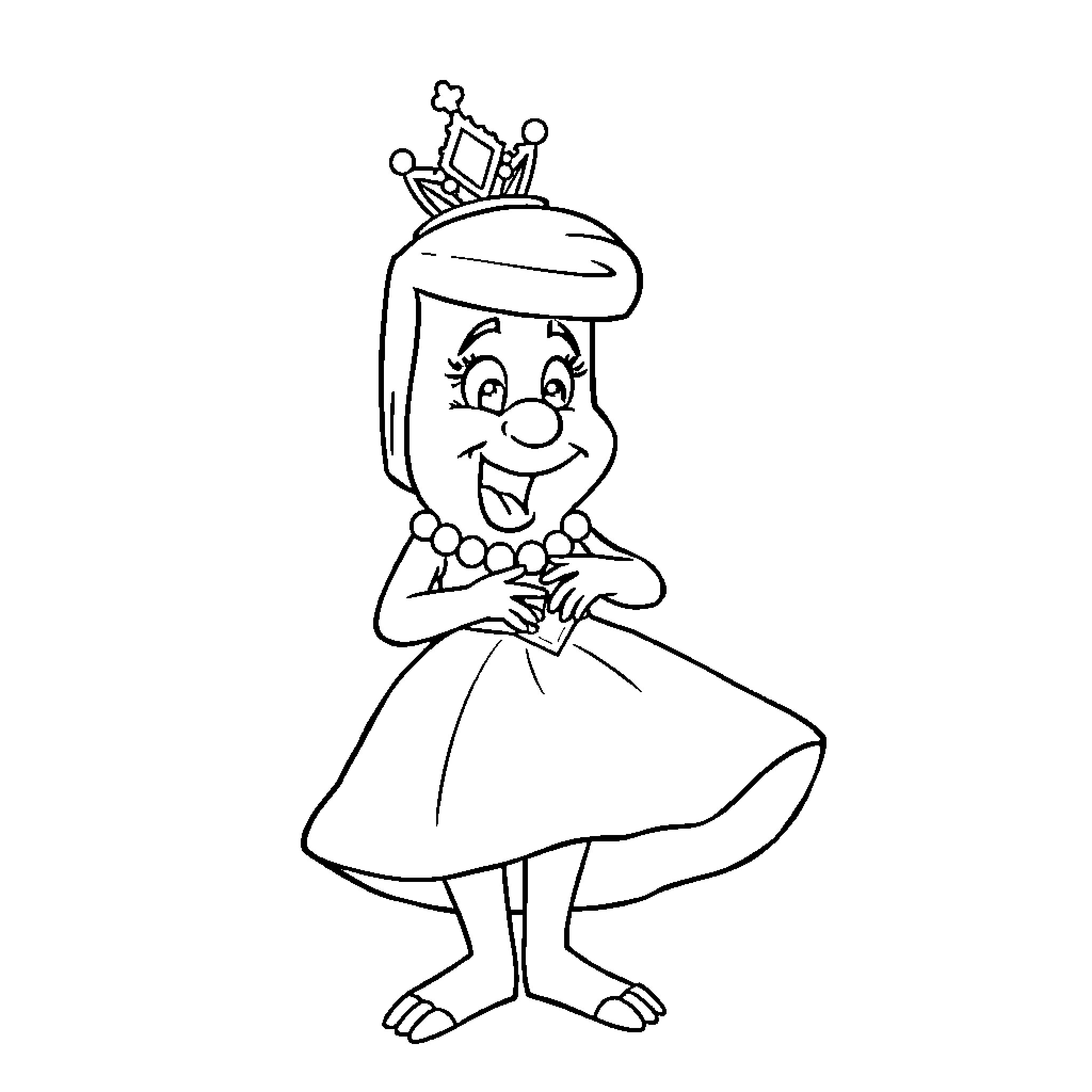 Wilma the cheerful princess in a flowing dress Coloring Page (free black-and-white line drawing printable PDF for all, from beginners to advanced learners, including children, teens, adults, and seniors)