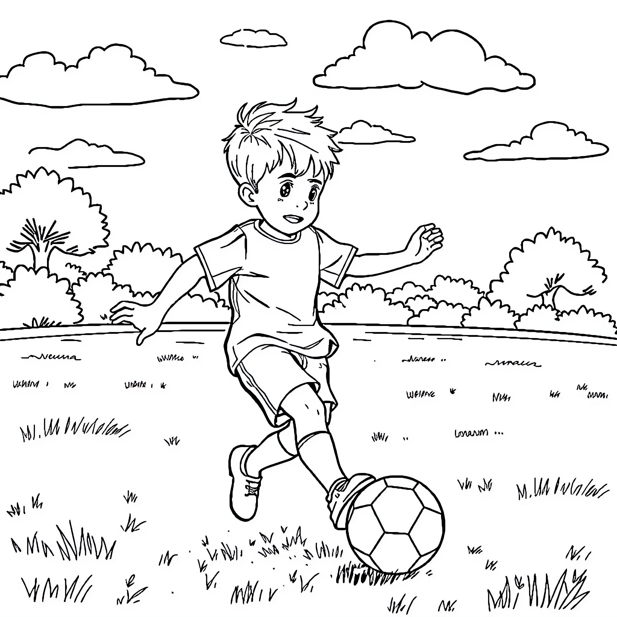 Boy playing happily with soccer ball in the park Coloring Page (free black-and-white line drawing printable PDF for all, from beginners to advanced learners, including children, teens, adults, and seniors)