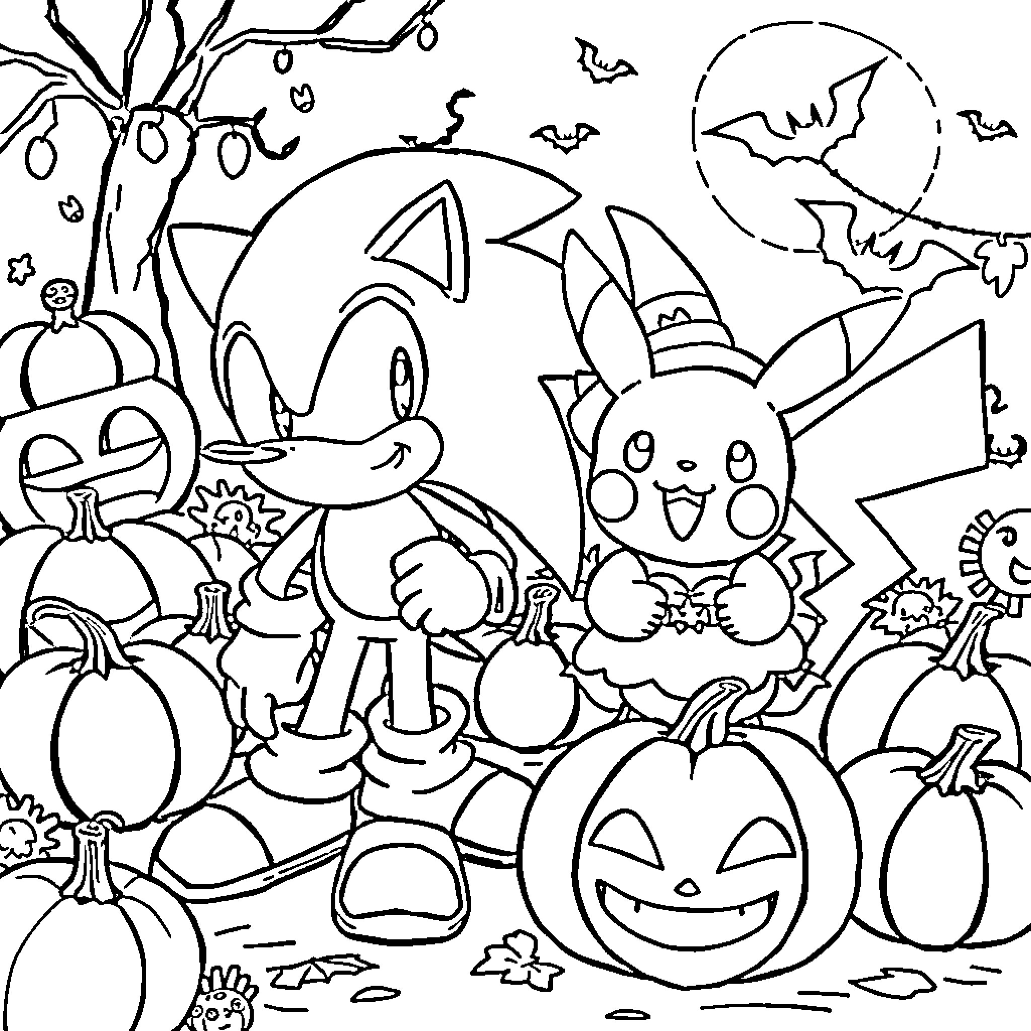 Sonic and Friends Celebrate Halloween Coloring Page (free black-and-white line drawing printable PDF for all, from beginners to advanced learners, including children, teens, adults, and seniors)