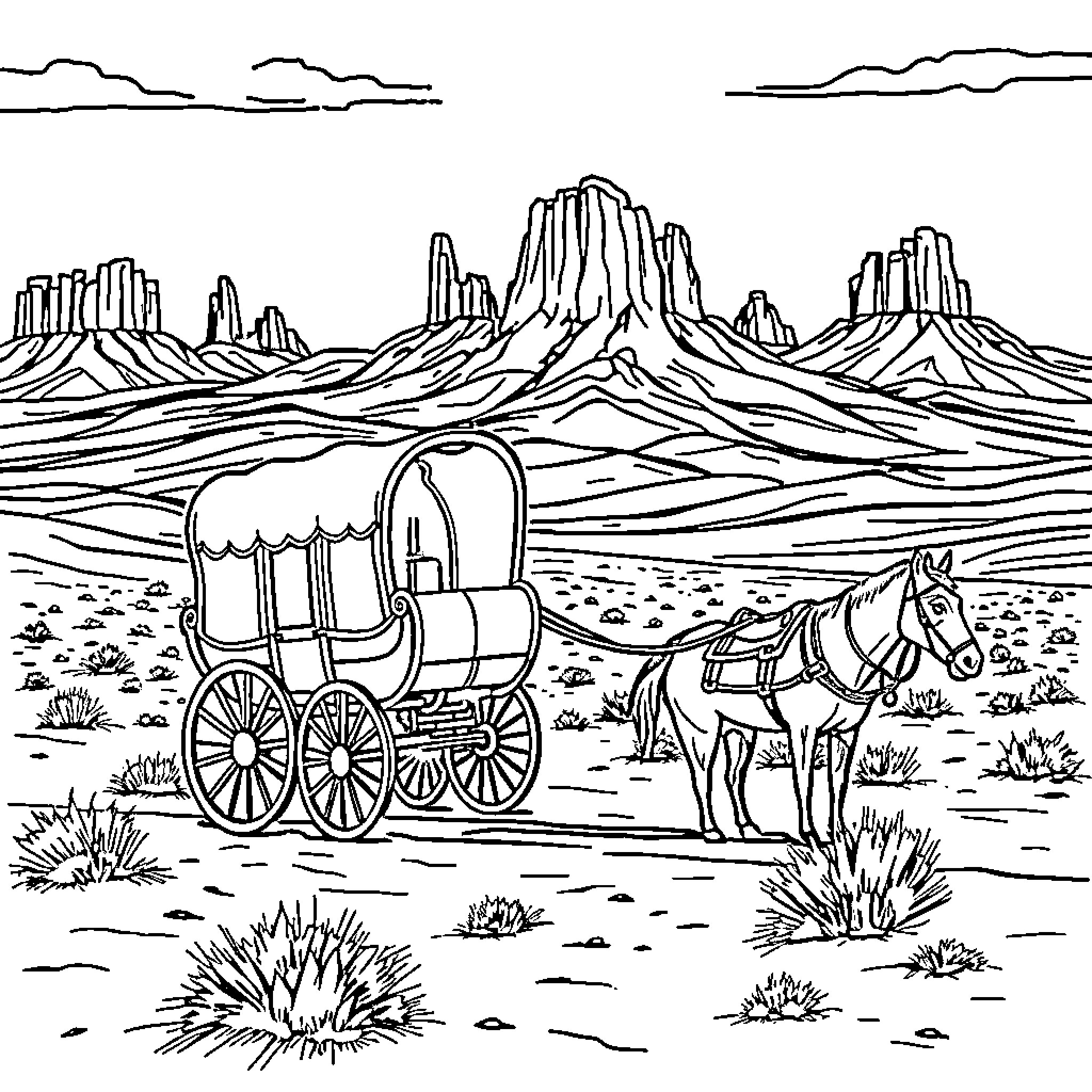 Stagecoach in the desert landscape Coloring Page (free black-and-white line drawing printable PDF for all, from beginners to advanced learners, including children, teens, adults, and seniors)