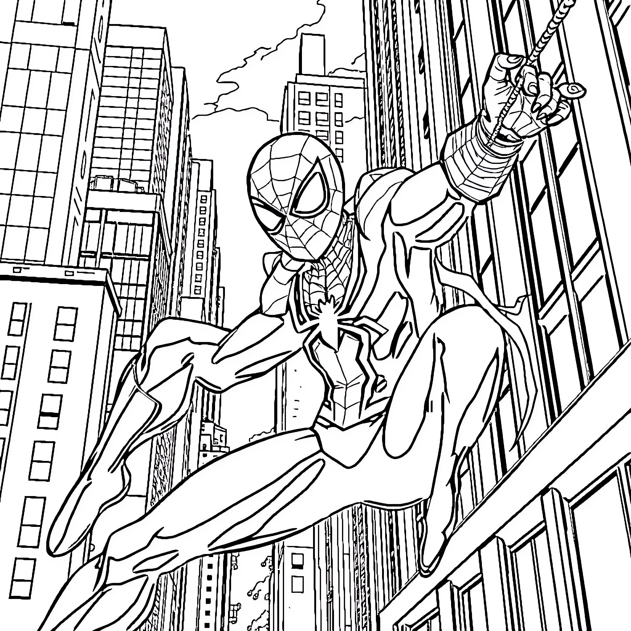 Spider hero swinging through the city Coloring Page (free black-and-white line drawing printable PDF for all, from beginners to advanced learners, including children, teens, adults, and seniors)