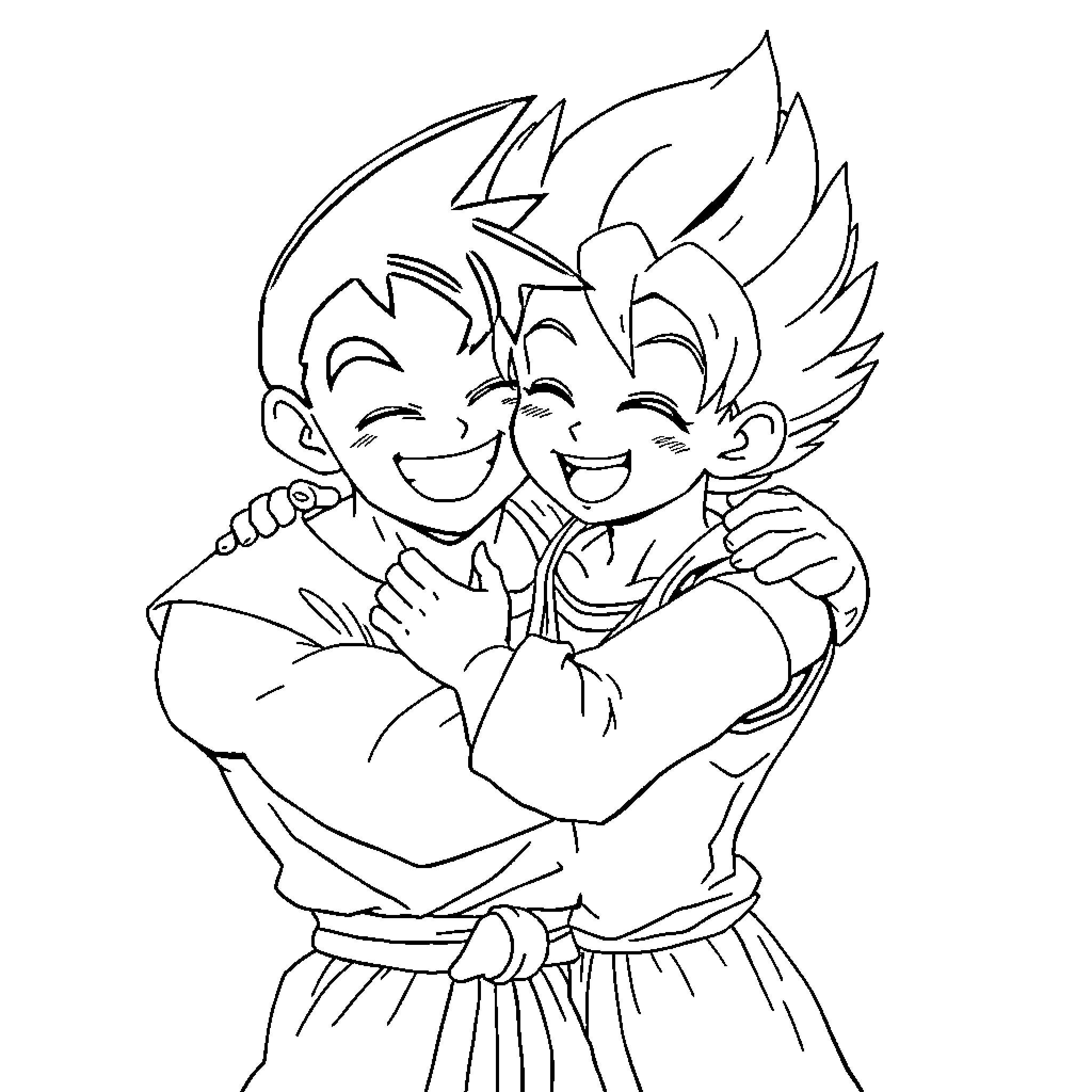 Songoku brothers sharing a joyful embrace Coloring Page (free black-and-white line drawing printable PDF for all, from beginners to advanced learners, including children, teens, adults, and seniors)