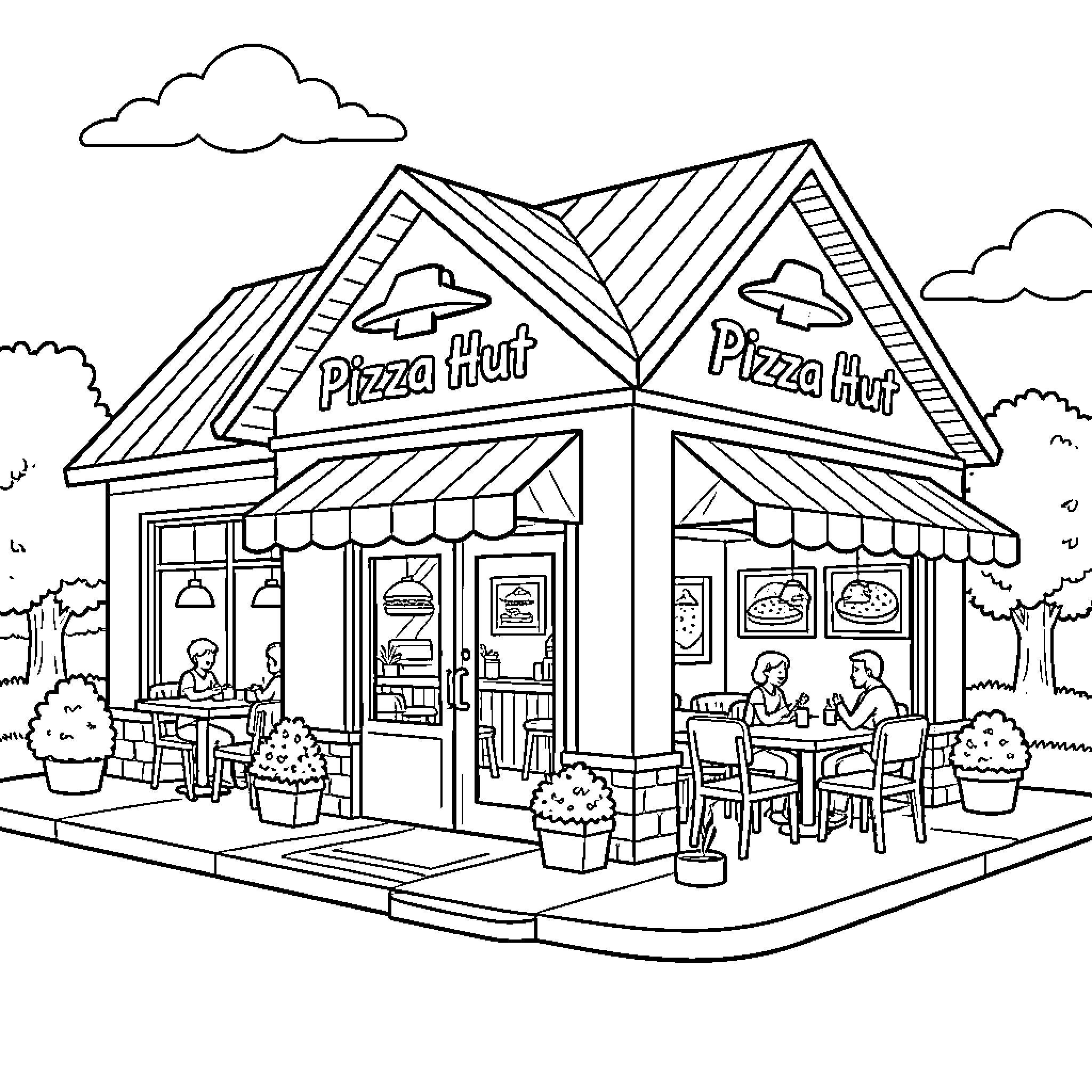 Pizza Hut restaurant with outdoor dining Coloring Page (free black-and-white line drawing printable PDF for all, from beginners to advanced learners, including children, teens, adults, and seniors)