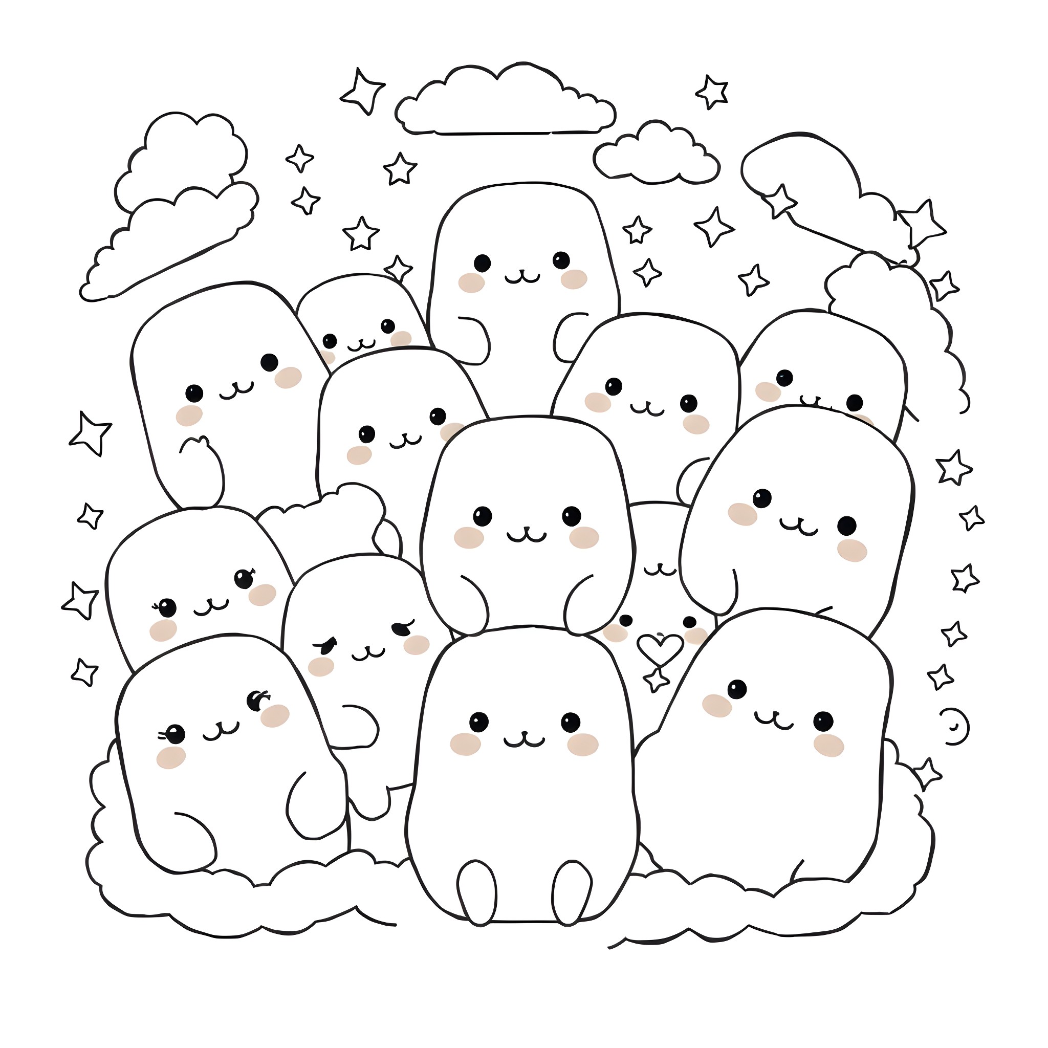 Squishmallow characters in a cozy cloud scene Coloring Page (free black-and-white line drawing printable PDF for all, from beginners to advanced learners, including children, teens, adults, and seniors)