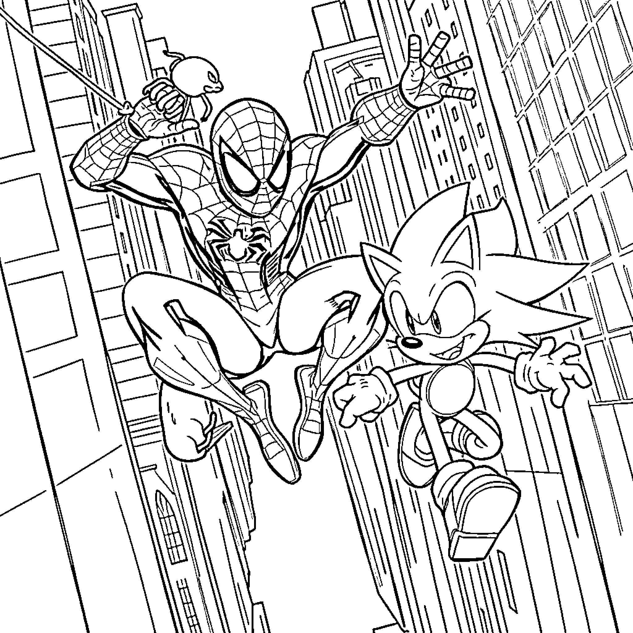 Spider-Man and Sonic the Hedgehog swinging through the city Coloring Page (free black-and-white line drawing printable PDF for all, from beginners to advanced learners, including children, teens, adults, and seniors)