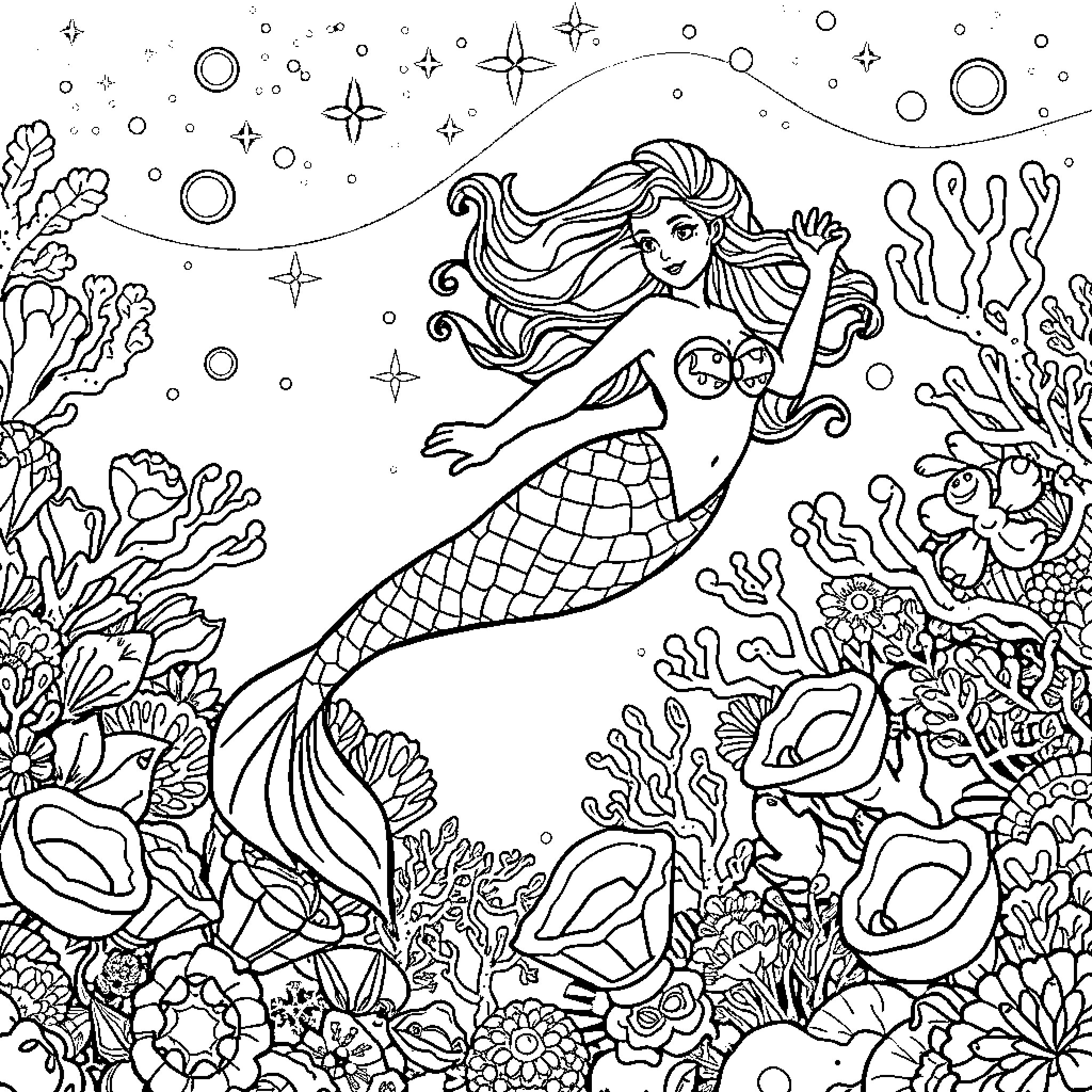 Mermaid swimming gracefully in the underwater realm Coloring Page (free black-and-white line drawing printable PDF for all, from beginners to advanced learners, including children, teens, adults, and seniors)