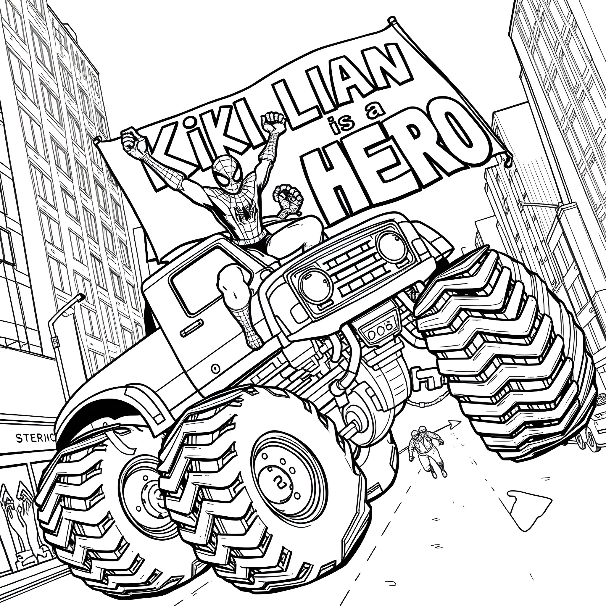 Spider-Man saving the city with a heroic monster truck Coloring Page (free black-and-white line drawing printable PDF for all, from beginners to advanced learners, including children, teens, adults, and seniors)