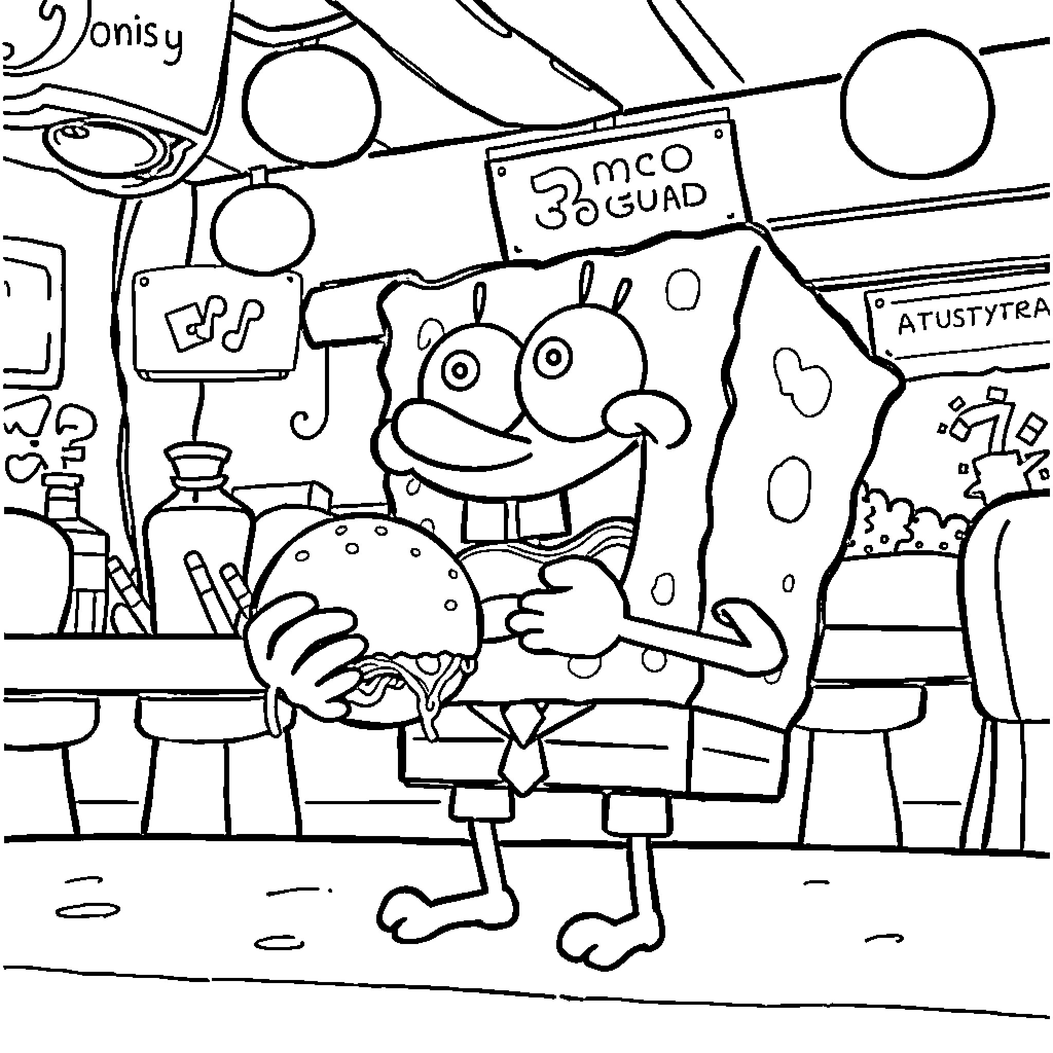 Spongebob at the Krusty Krab restaurant Coloring Page (free black-and-white line drawing printable PDF for all, from beginners to advanced learners, including children, teens, adults, and seniors)