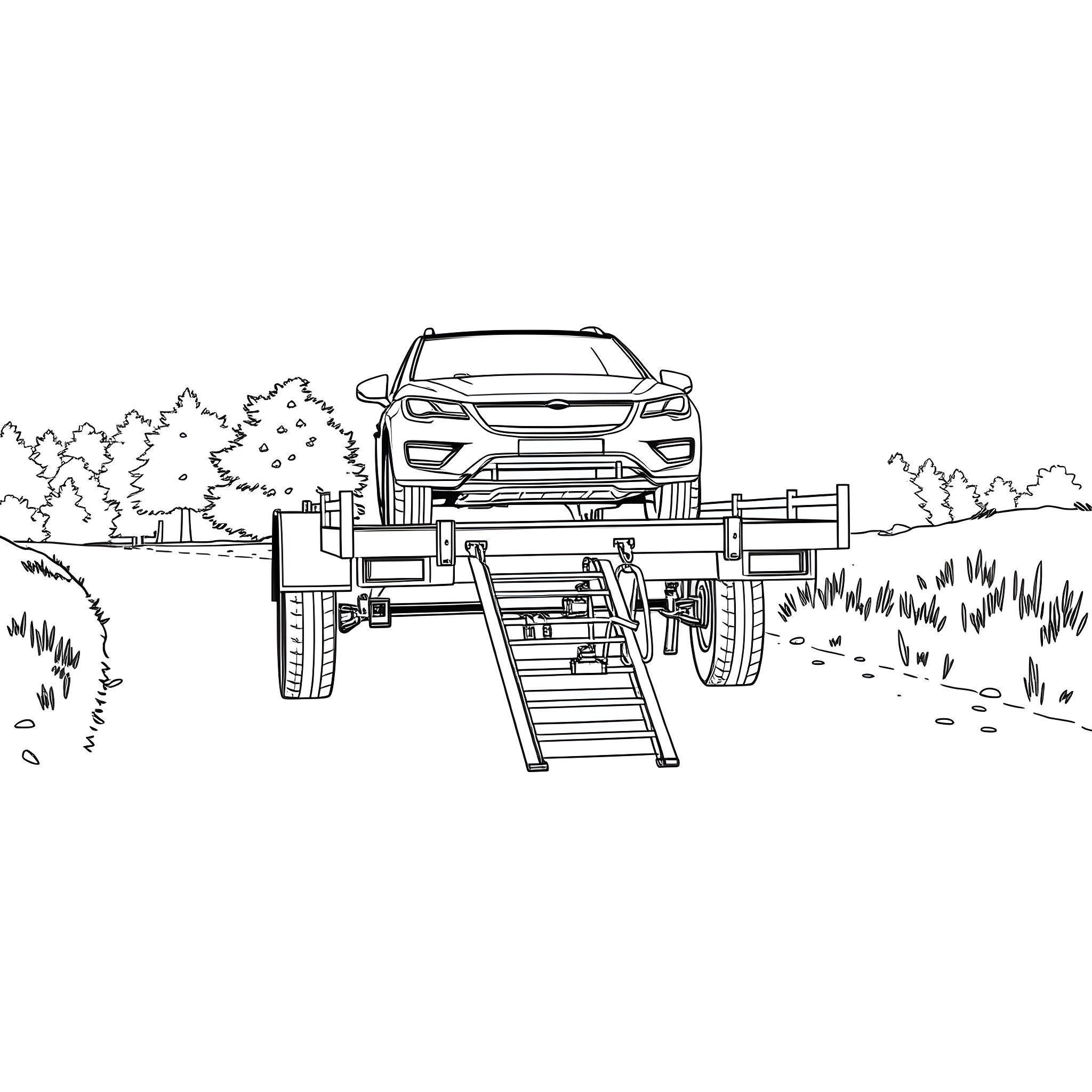 Car Trailer Transporting Vehicle in Outdoor Scene Coloring Page (free black-and-white line drawing printable PDF for all, from beginners to advanced learners, including children, teens, adults, and seniors)