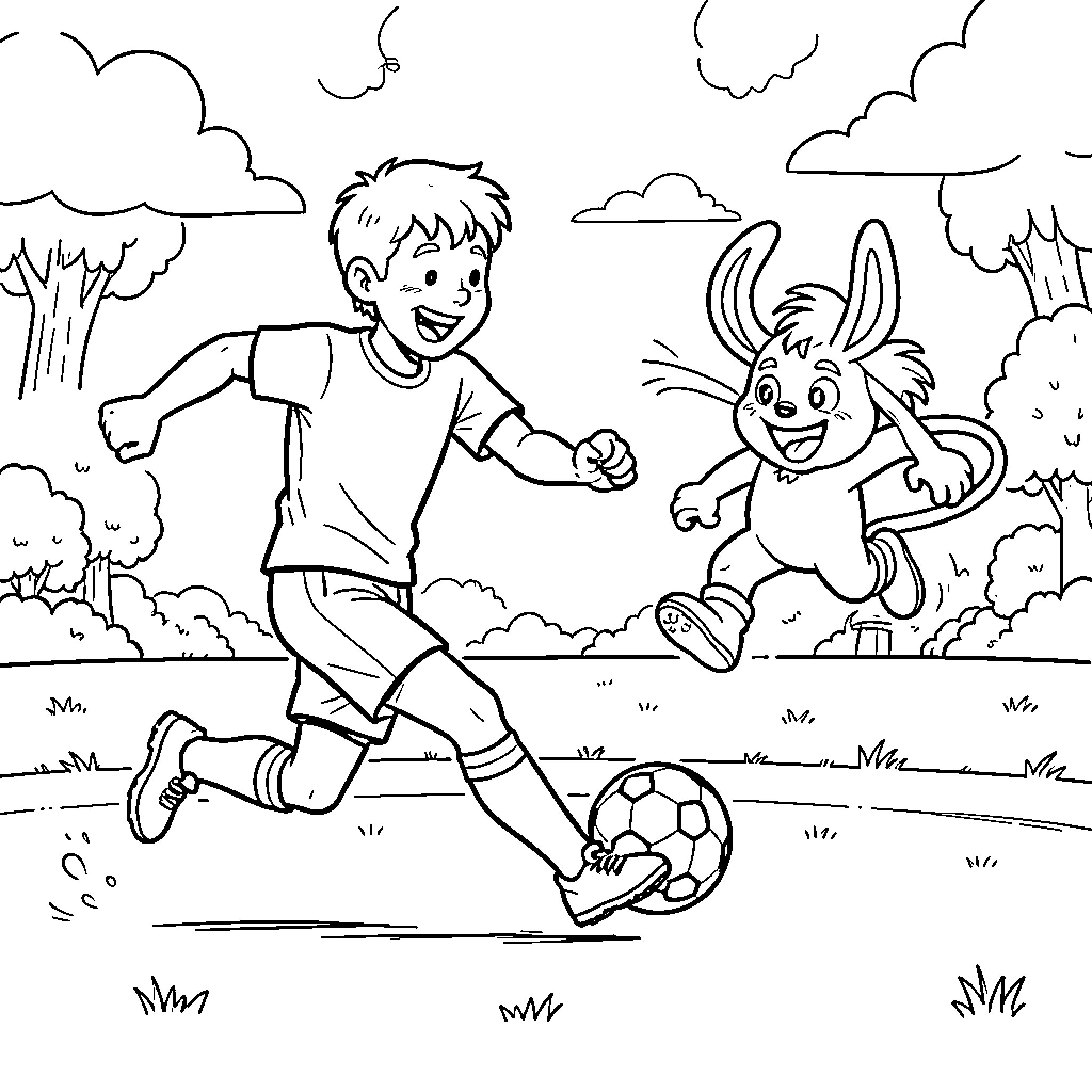 Olivier playing soccer with a friendly rabbit Coloring Page (free black-and-white line drawing printable PDF for all, from beginners to advanced learners, including children, teens, adults, and seniors)