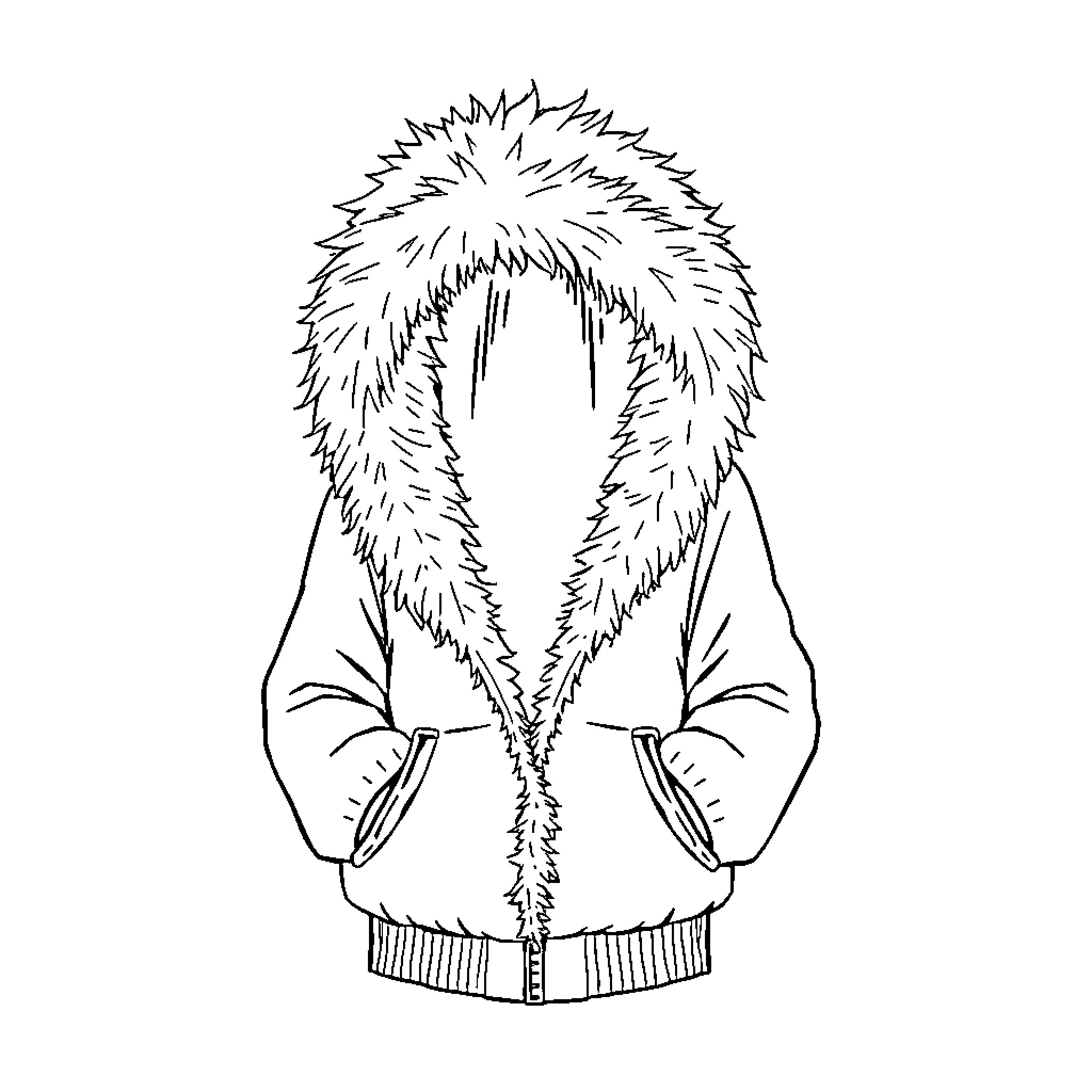 Hoodie with fuzzy fur trim and pockets Coloring Page (free black-and-white line drawing printable PDF for all, from beginners to advanced learners, including children, teens, adults, and seniors)