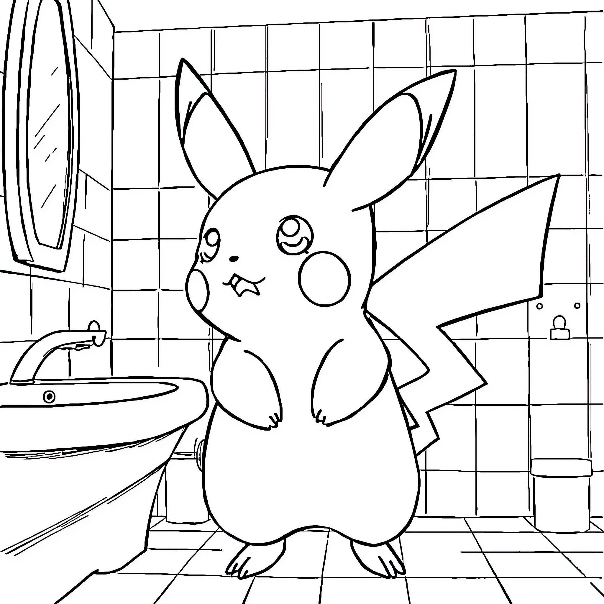Pikachu exploring the bathroom Coloring Page (free black-and-white line drawing printable PDF for all, from beginners to advanced learners, including children, teens, adults, and seniors)