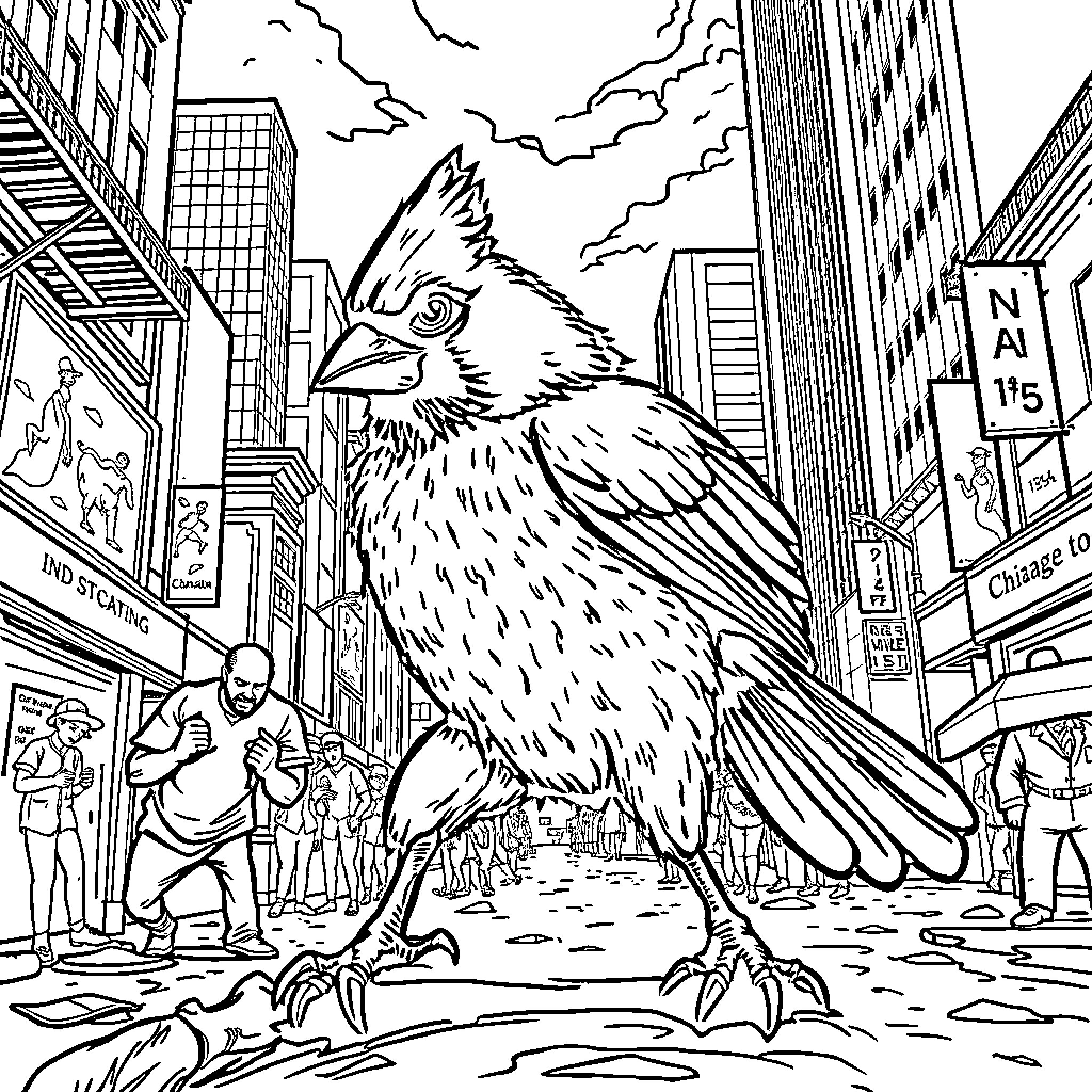 Cardinal Bird in Bustling City Landscape Coloring Page (free black-and-white line drawing printable PDF for all, from beginners to advanced learners, including children, teens, adults, and seniors)