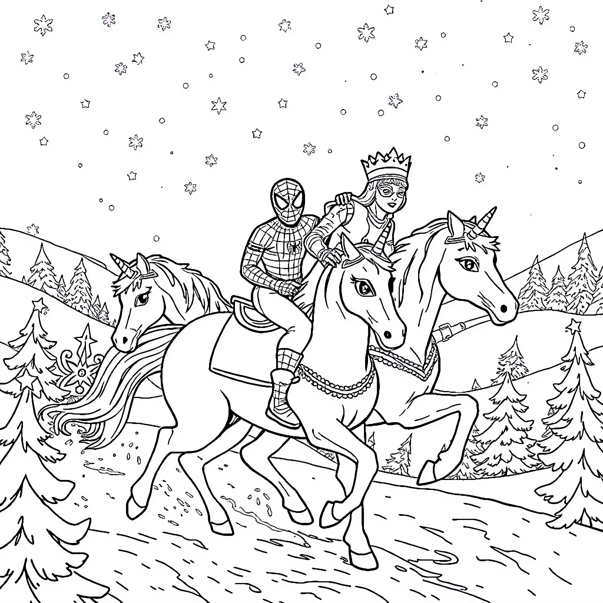 Spiderman riding unicorns through a snowy forest Coloring Page (free black-and-white line drawing printable PDF for all, from beginners to advanced learners, including children, teens, adults, and seniors)