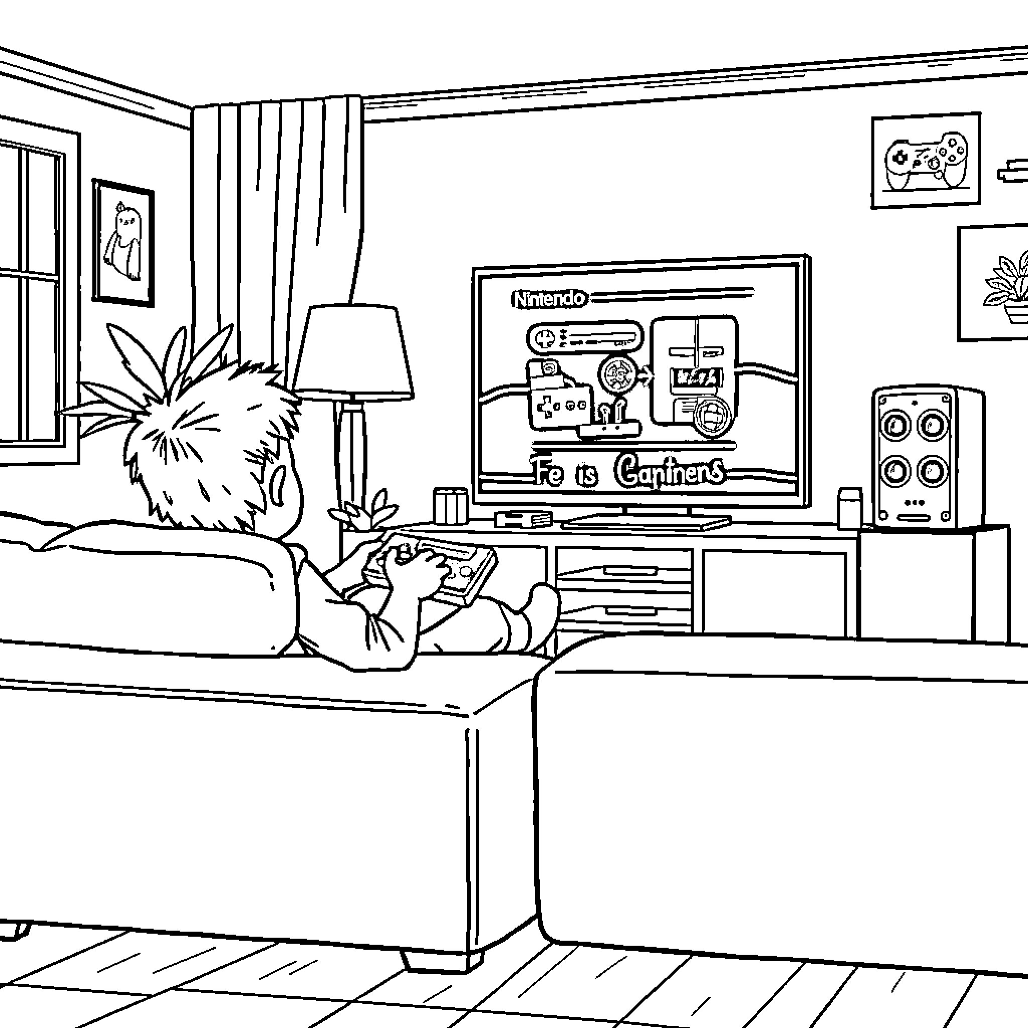 Boy playing video games on the couch Coloring Page (free black-and-white line drawing printable PDF for all, from beginners to advanced learners, including children, teens, adults, and seniors)