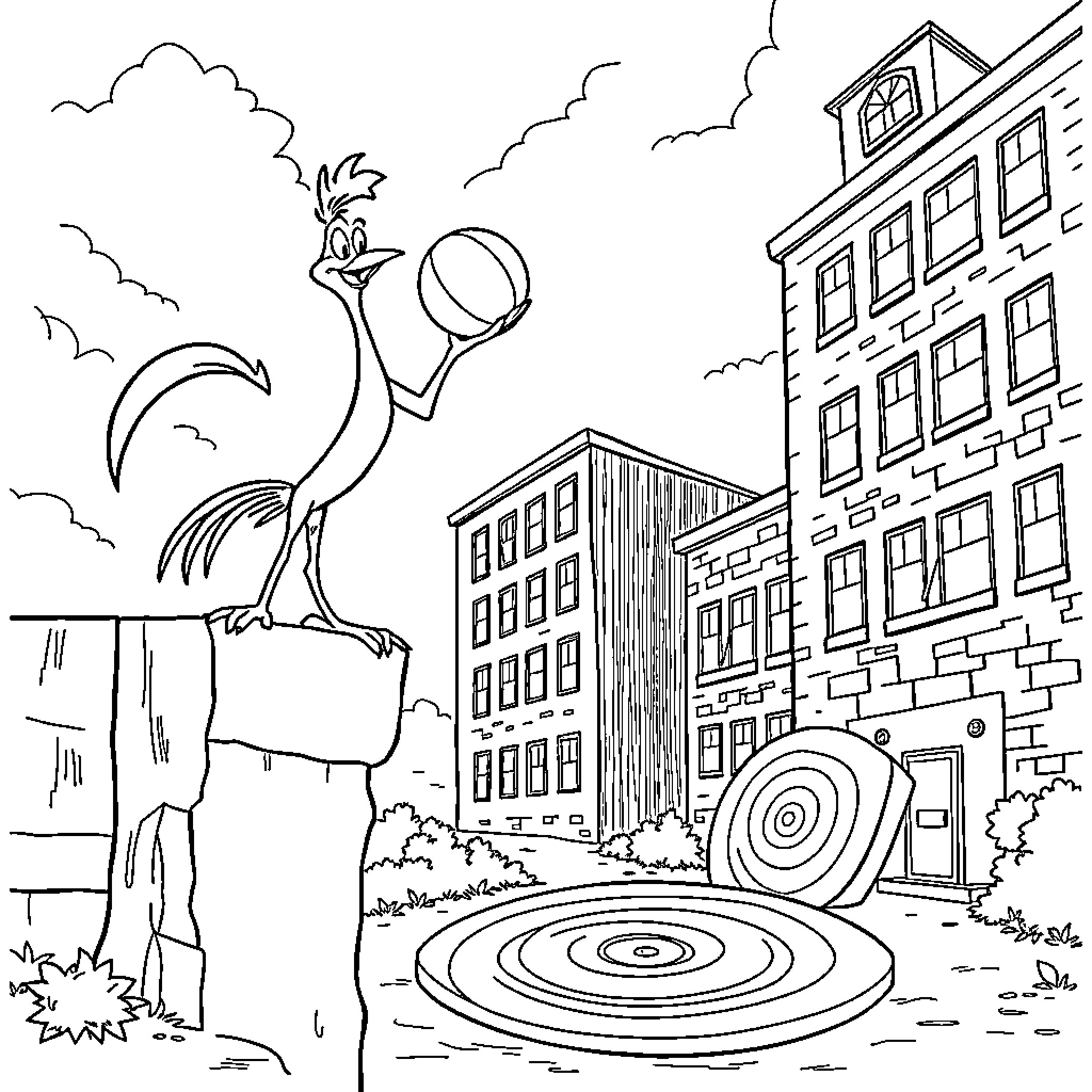 Roadrunner exploring the city landscape Coloring Page (free black-and-white line drawing printable PDF for all, from beginners to advanced learners, including children, teens, adults, and seniors)