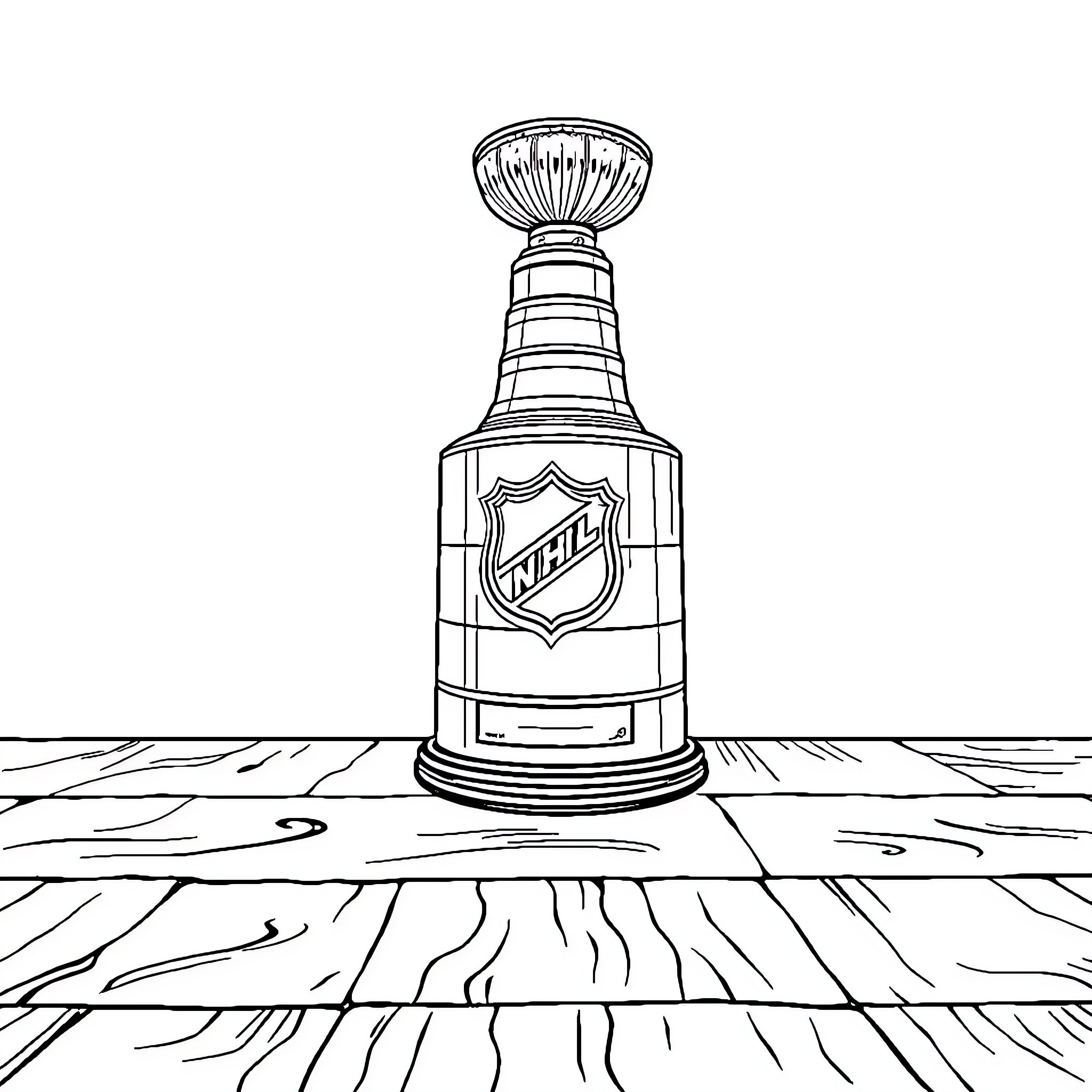 Stanley Cup trophy on wooden floor Coloring Page (free black-and-white line drawing printable PDF for all, from beginners to advanced learners, including children, teens, adults, and seniors)
