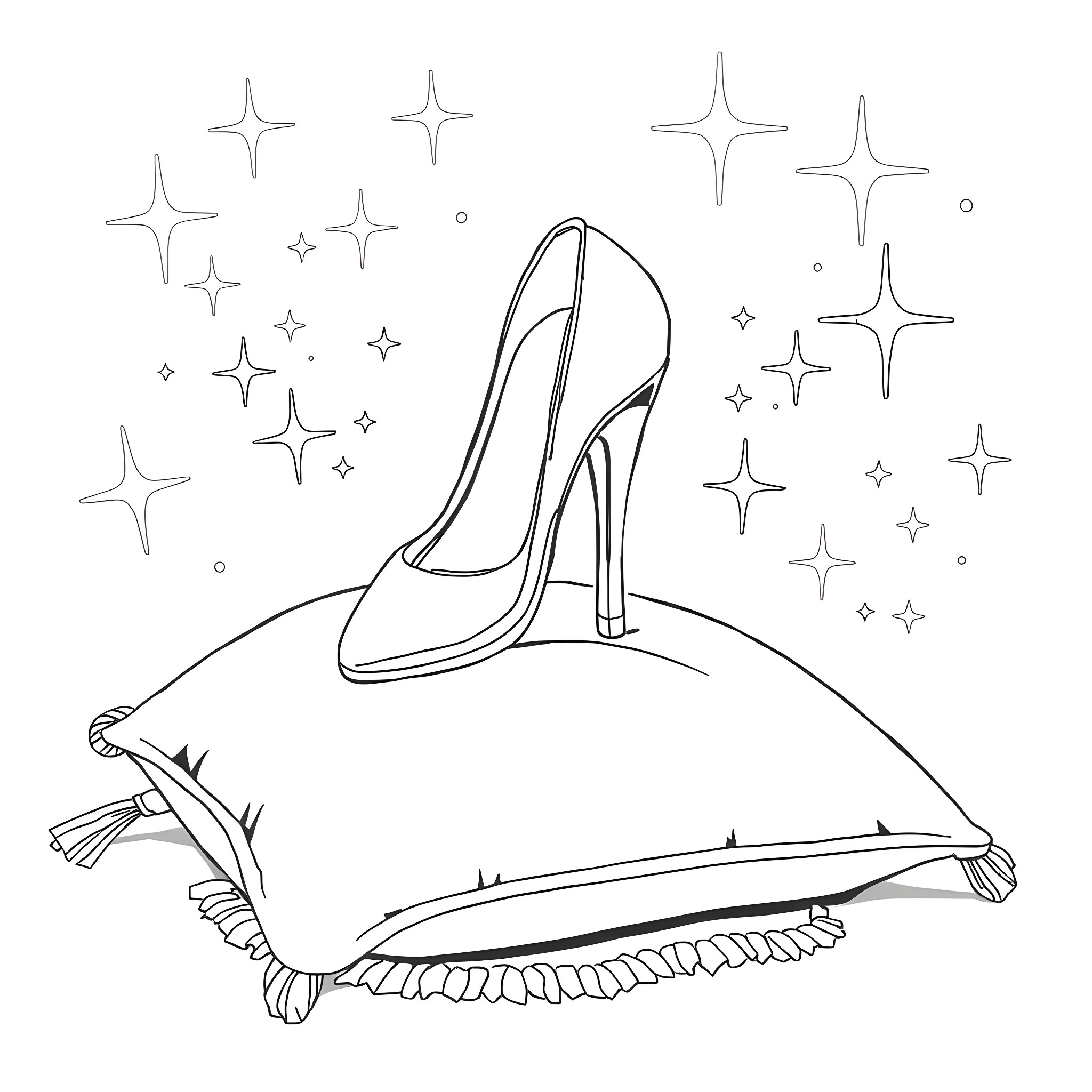 Cinderella's glass slipper on a magical backdrop Coloring Page (free black-and-white line drawing printable PDF for all, from beginners to advanced learners, including children, teens, adults, and seniors)