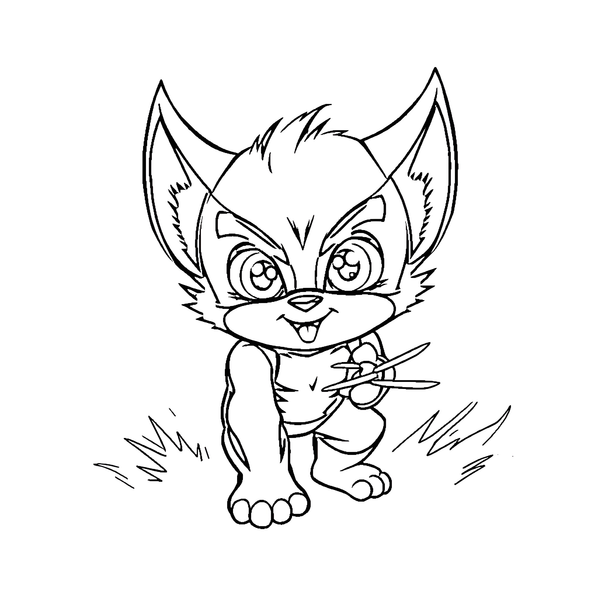 Wolverine cub wielding weapon with determined expression Coloring Page (free black-and-white line drawing printable PDF for all, from beginners to advanced learners, including children, teens, adults, and seniors)
