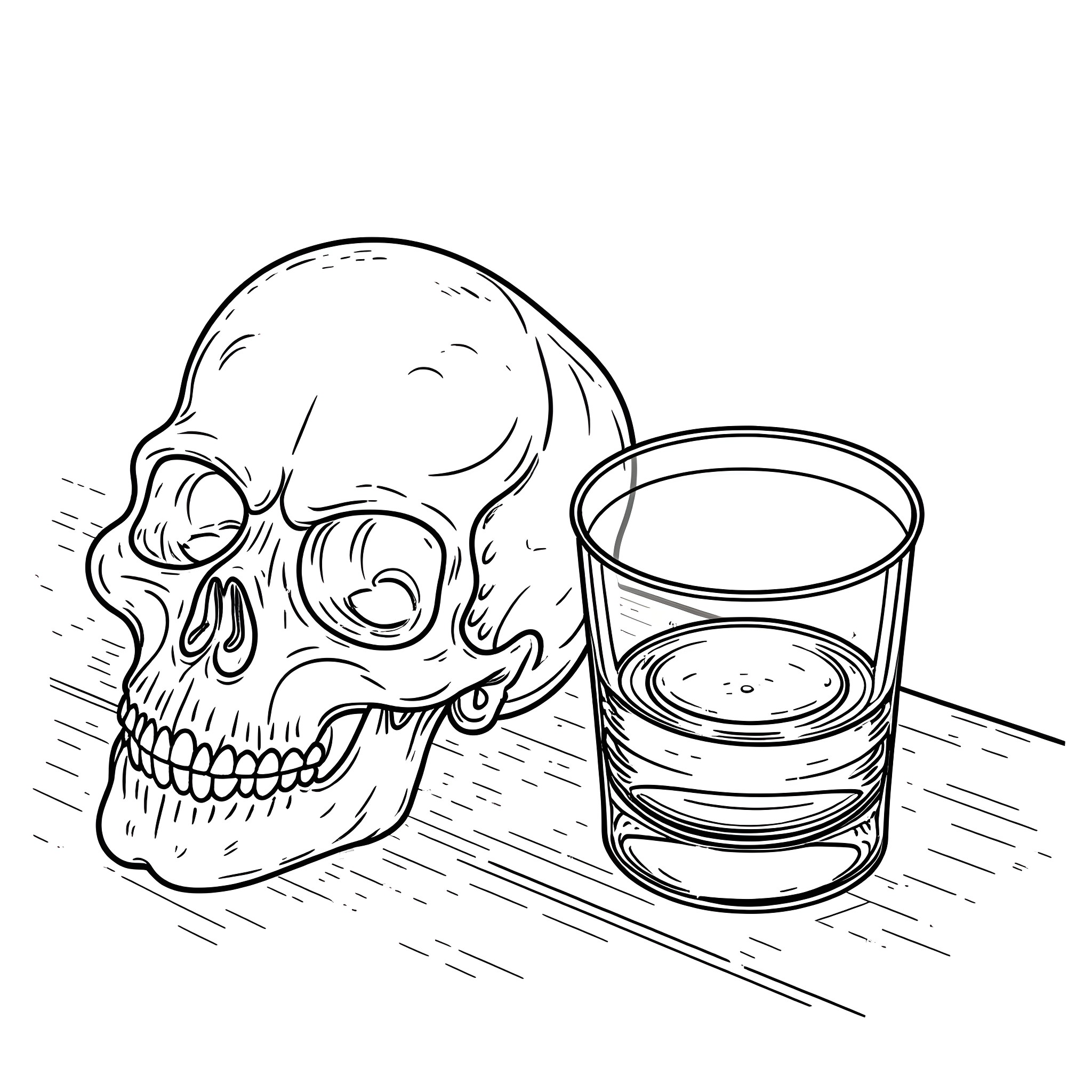 Whiskey Glass with Skull Illustration Coloring Page (free black-and-white line drawing printable PDF for all, from beginners to advanced learners, including children, teens, adults, and seniors)