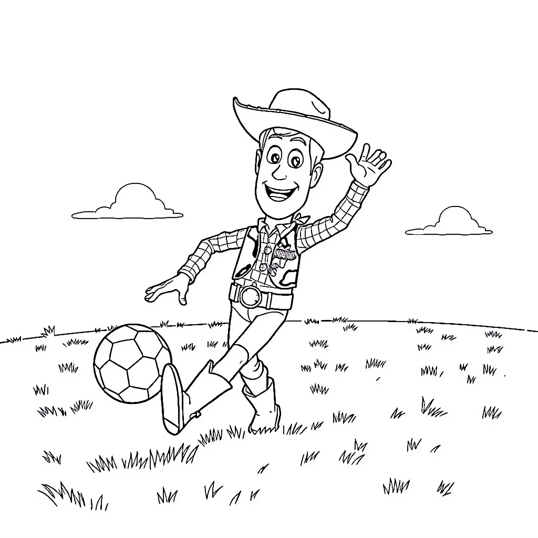 Woody happily kicking a soccer ball in the field Coloring Page (free black-and-white line drawing printable PDF for all, from beginners to advanced learners, including children, teens, adults, and seniors)