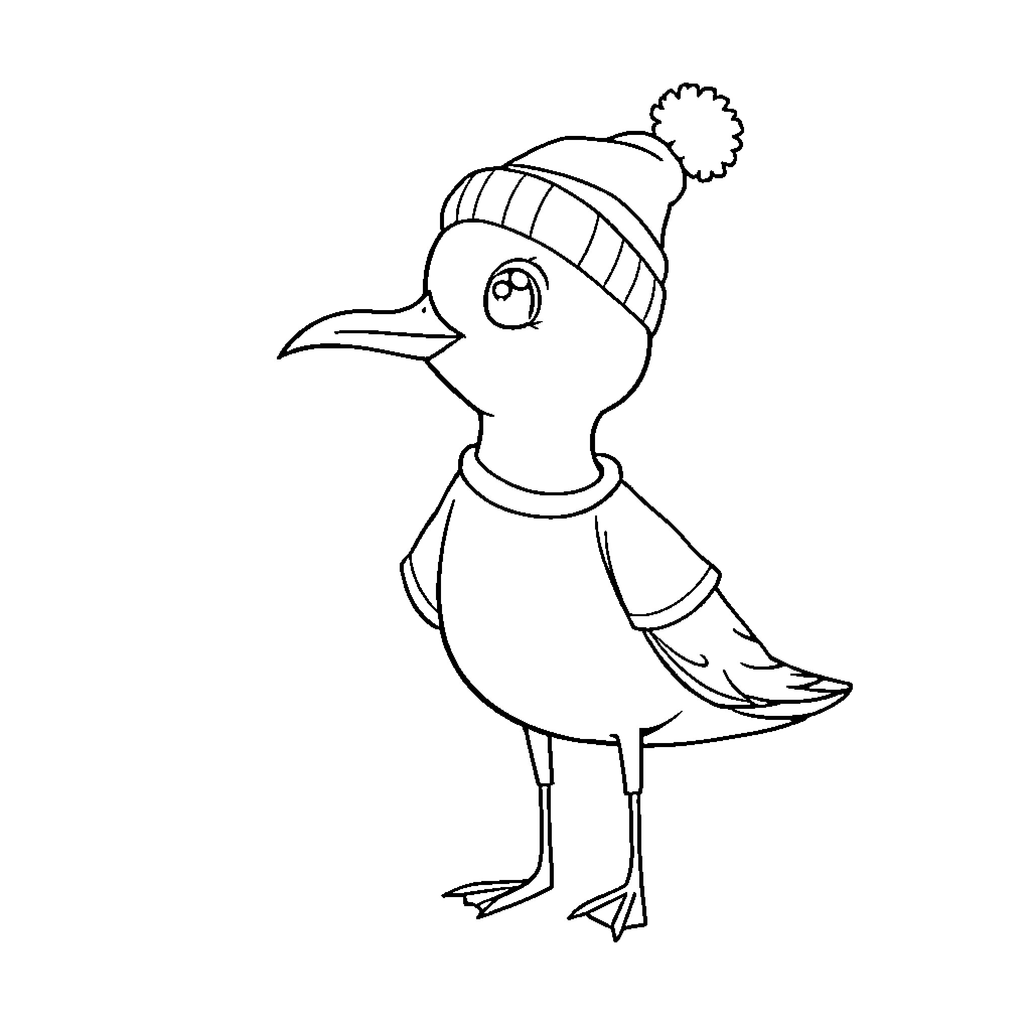 Seagull wearing a winter hat Coloring Page (free black-and-white line drawing printable PDF for all, from beginners to advanced learners, including children, teens, adults, and seniors)
