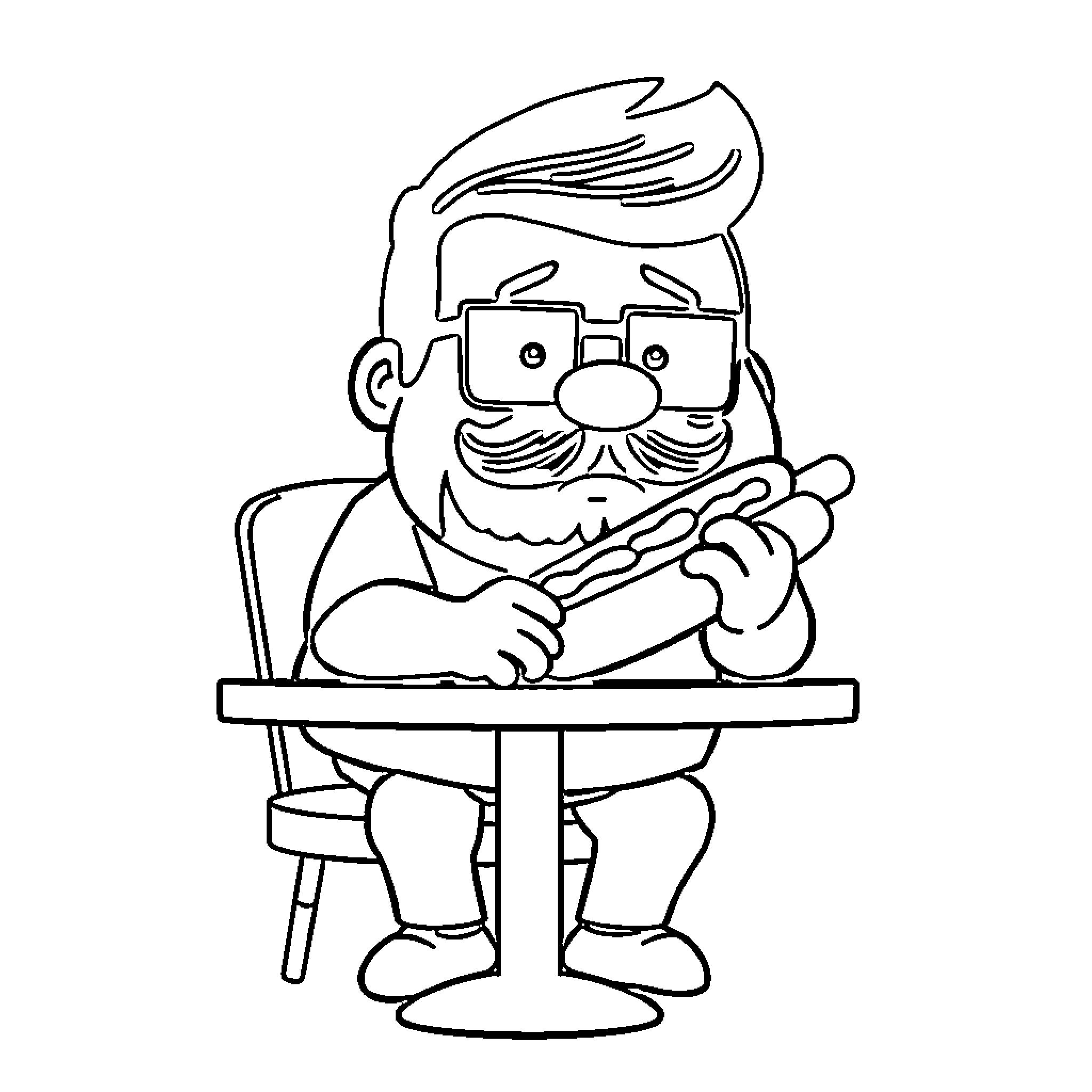 Bob the Curious Computer Technician Coloring Page (free black-and-white line drawing printable PDF for all, from beginners to advanced learners, including children, teens, adults, and seniors)