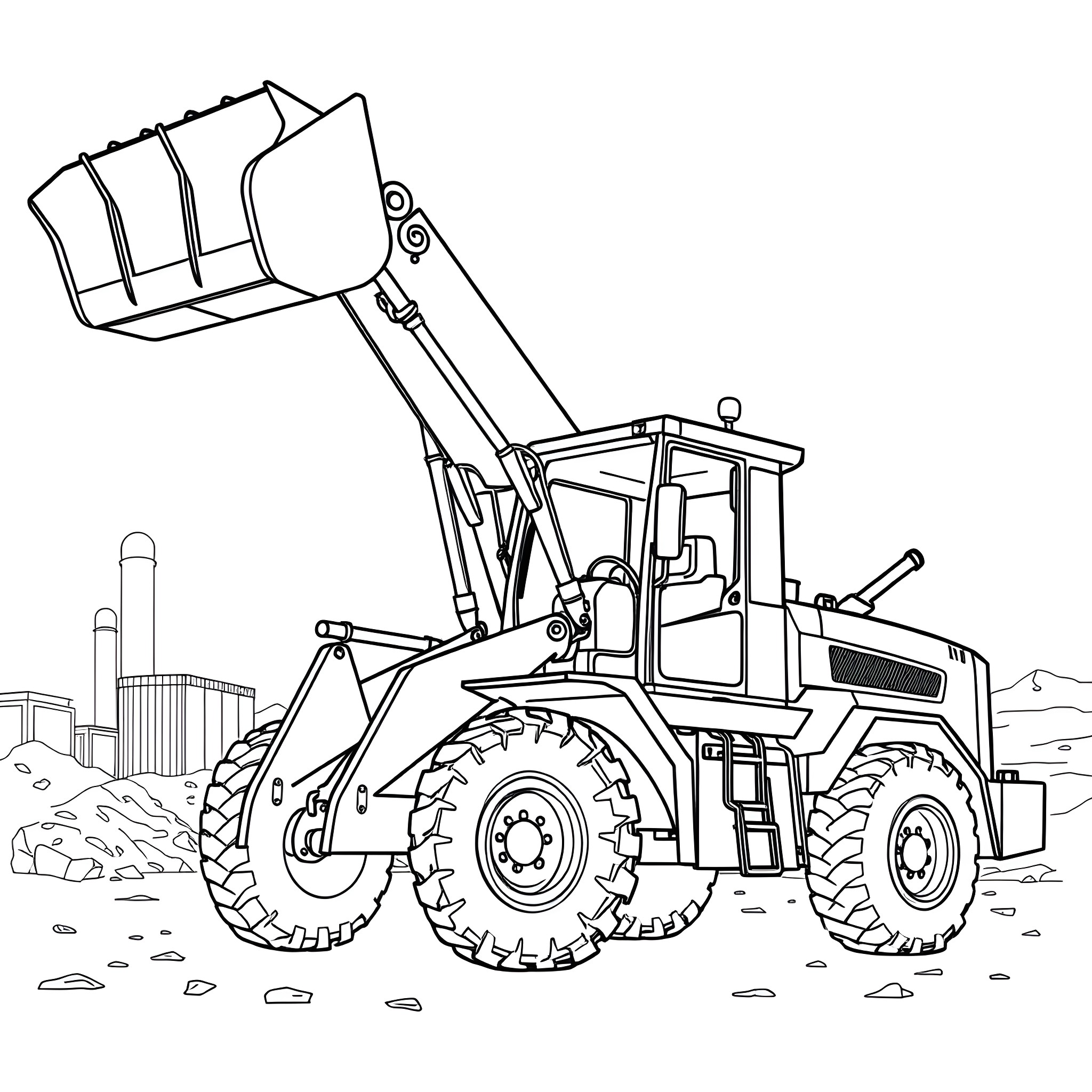 Knuckleboom Loader at Work on Construction Site Coloring Page (free black-and-white line drawing printable PDF for all, from beginners to advanced learners, including children, teens, adults, and seniors)