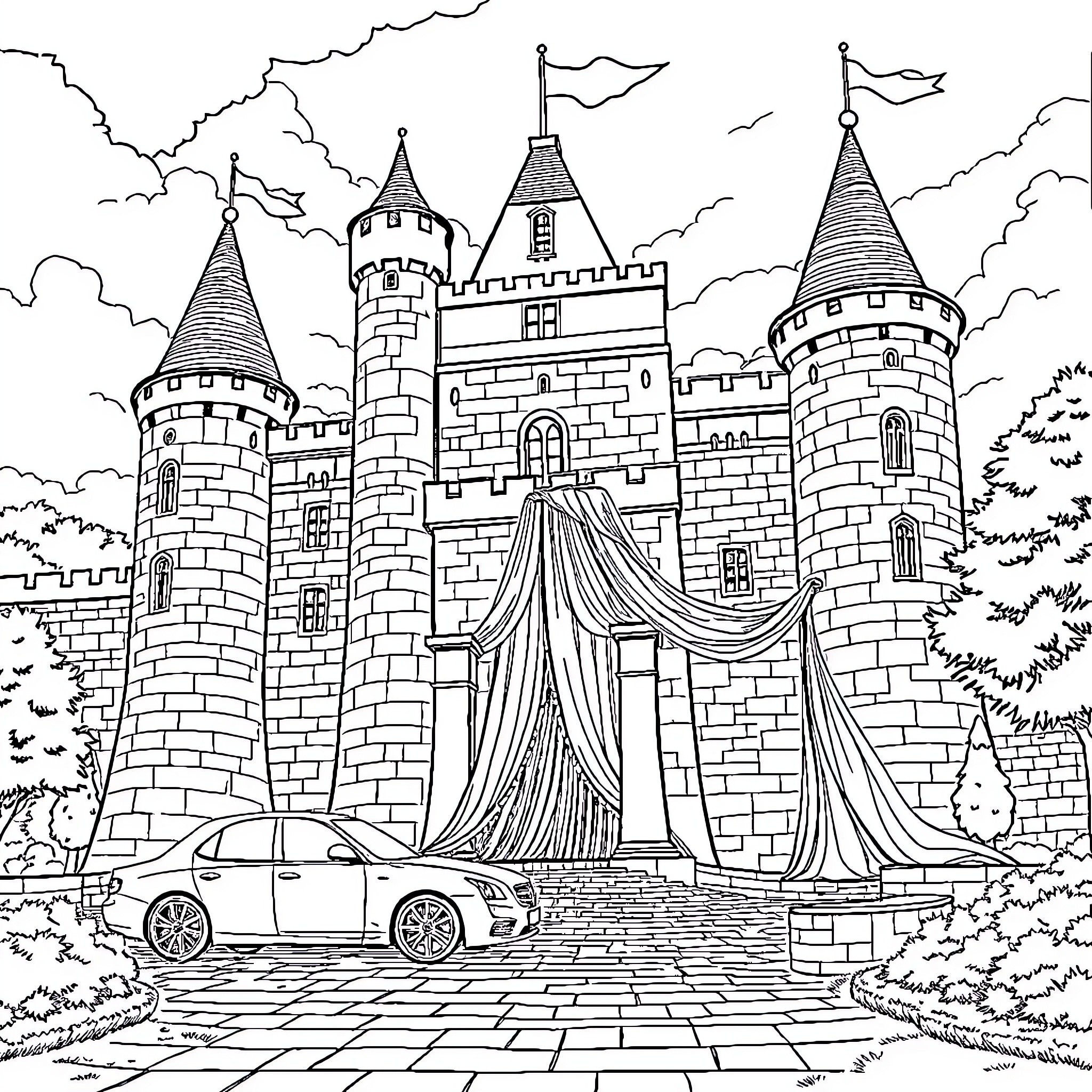 Château of Grandeur with Regal Towers and Curtains Coloring Page (free black-and-white line drawing printable PDF for all, from beginners to advanced learners, including children, teens, adults, and seniors)