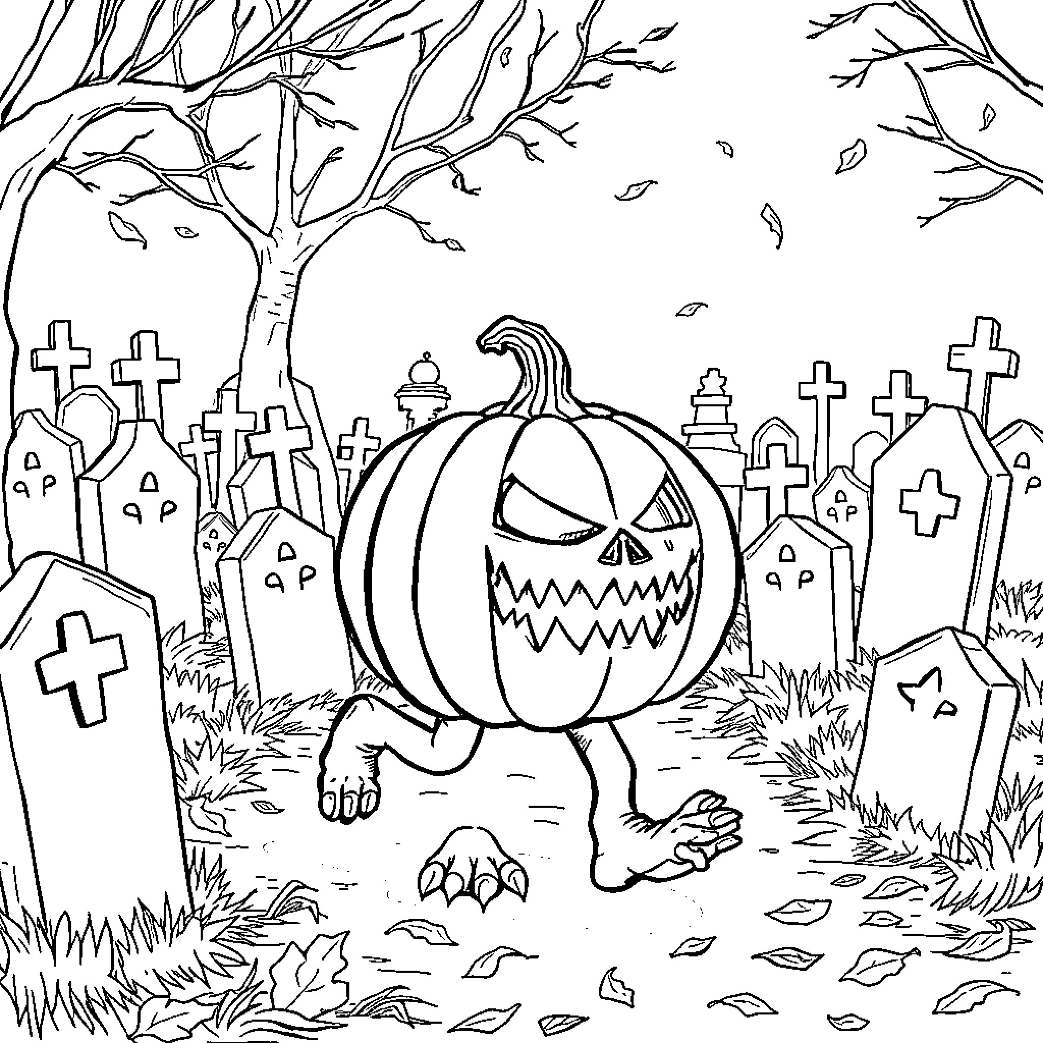 Pumpkin monster in haunted graveyard Coloring Page (free black-and-white line drawing printable PDF for all, from beginners to advanced learners, including children, teens, adults, and seniors)