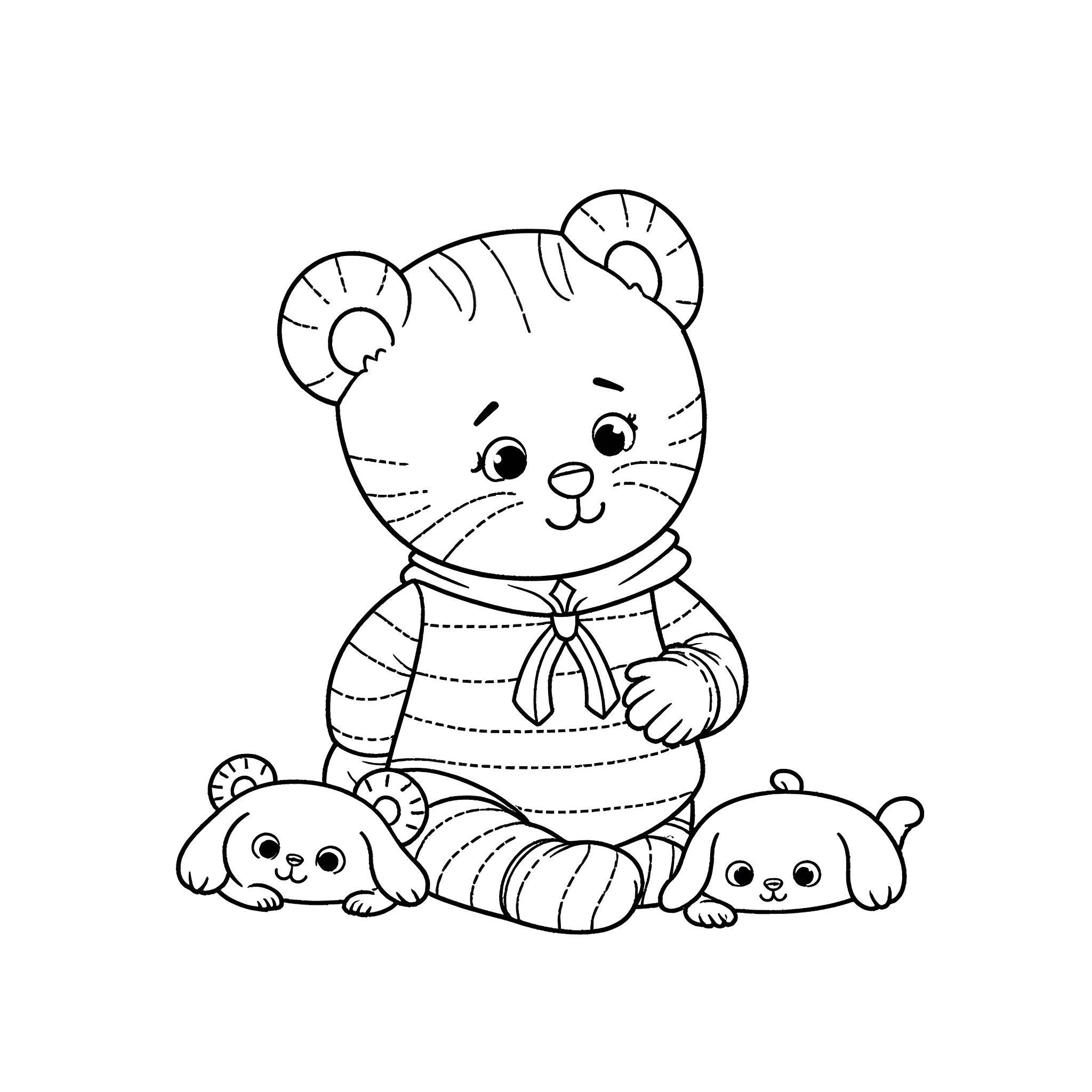 Daniel Tiger with adorable friends in striped outfit Coloring Page (free black-and-white line drawing printable PDF for all, from beginners to advanced learners, including children, teens, adults, and seniors)