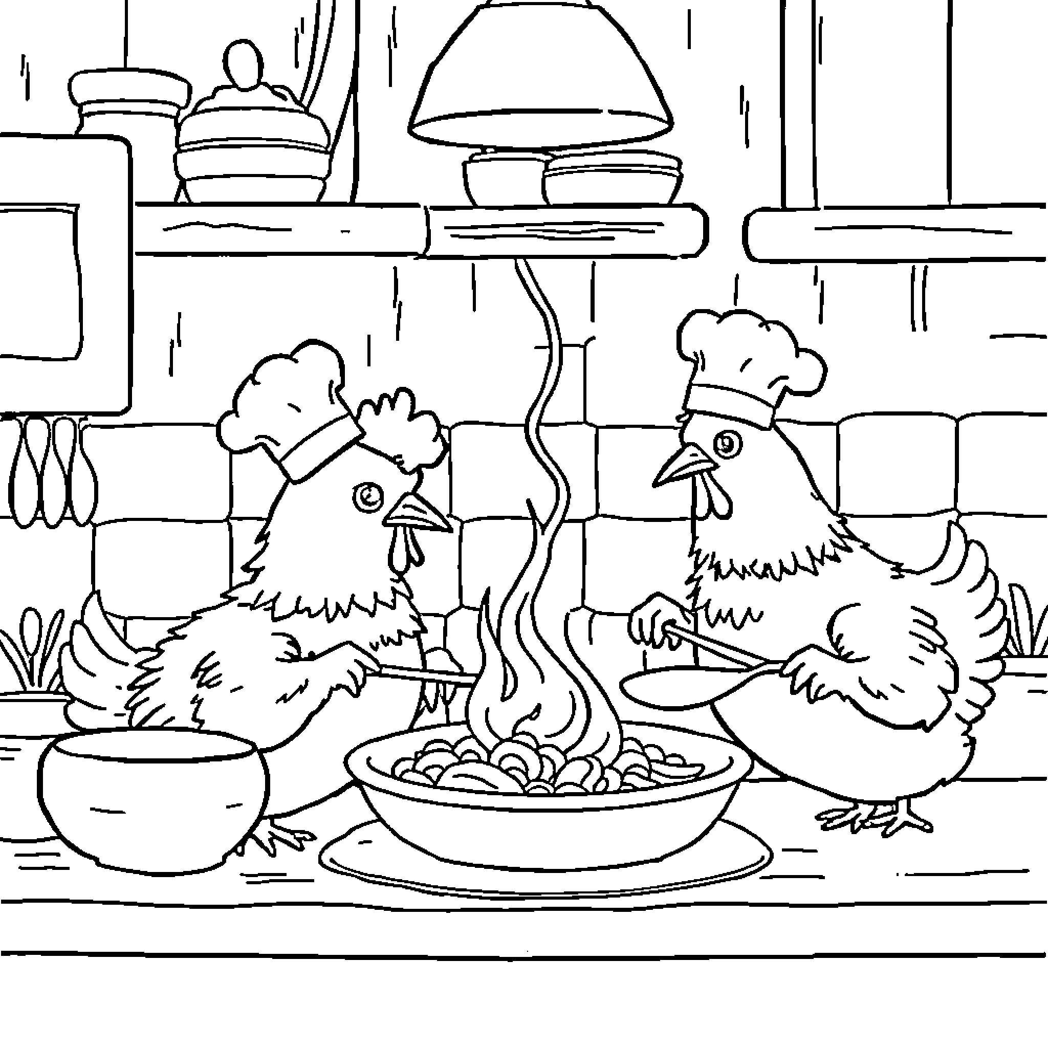 Chicken Chefs Preparing a Feast in the Kitchen Coloring Page (free black-and-white line drawing printable PDF for all, from beginners to advanced learners, including children, teens, adults, and seniors)