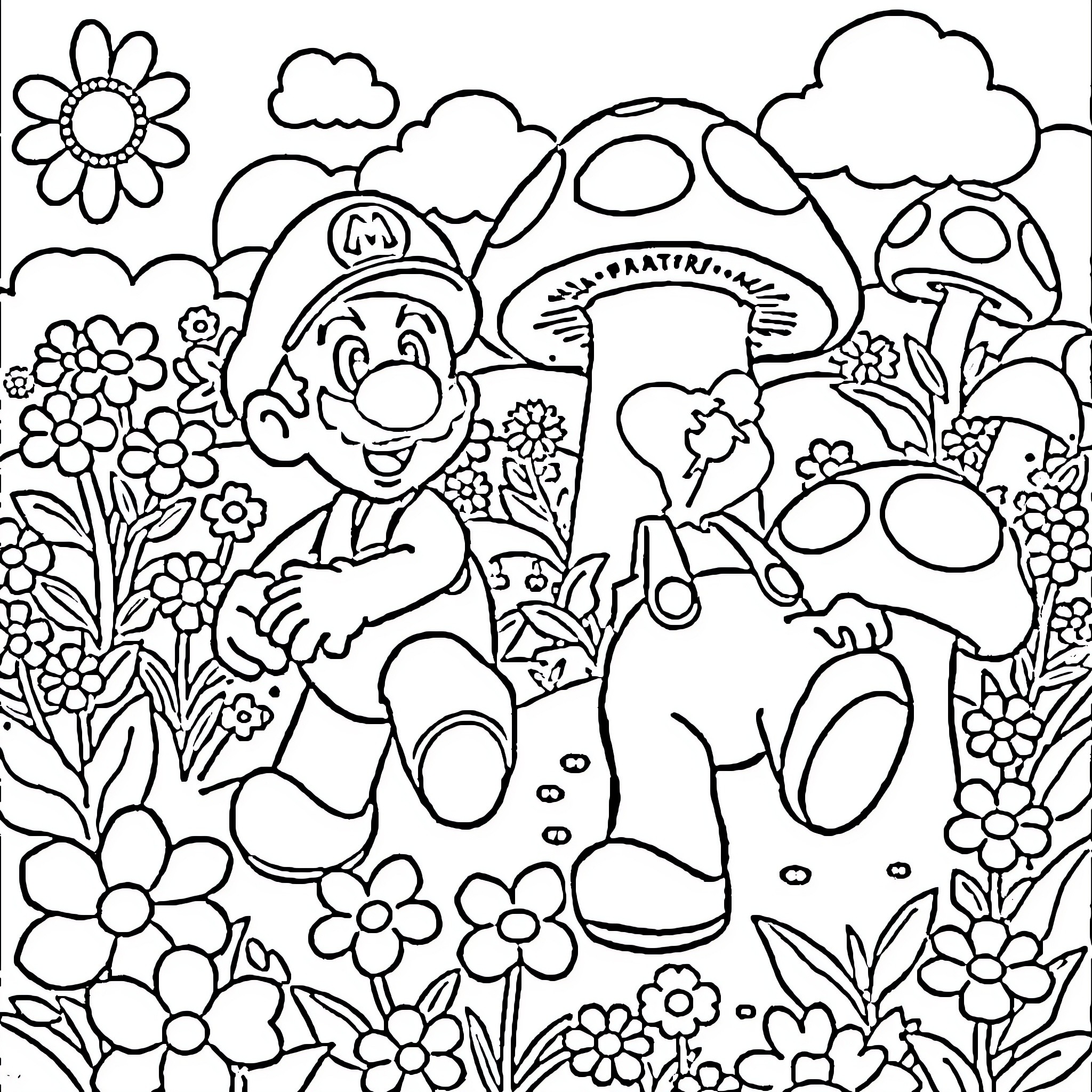 Mario exploring a whimsical floral landscape Coloring Page (free black-and-white line drawing printable PDF for all, from beginners to advanced learners, including children, teens, adults, and seniors)