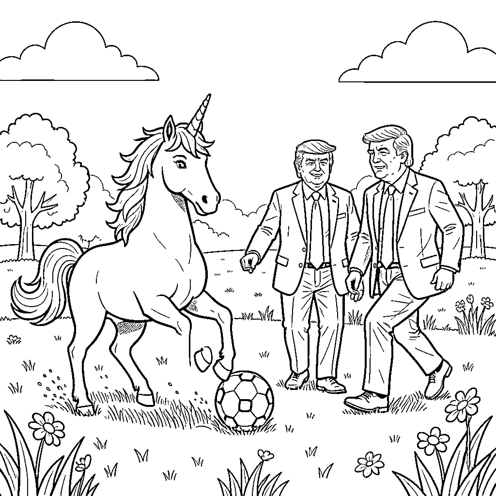 Unicorn playing soccer with two men in suits Coloring Page (free black-and-white line drawing printable PDF for all, from beginners to advanced learners, including children, teens, adults, and seniors)
