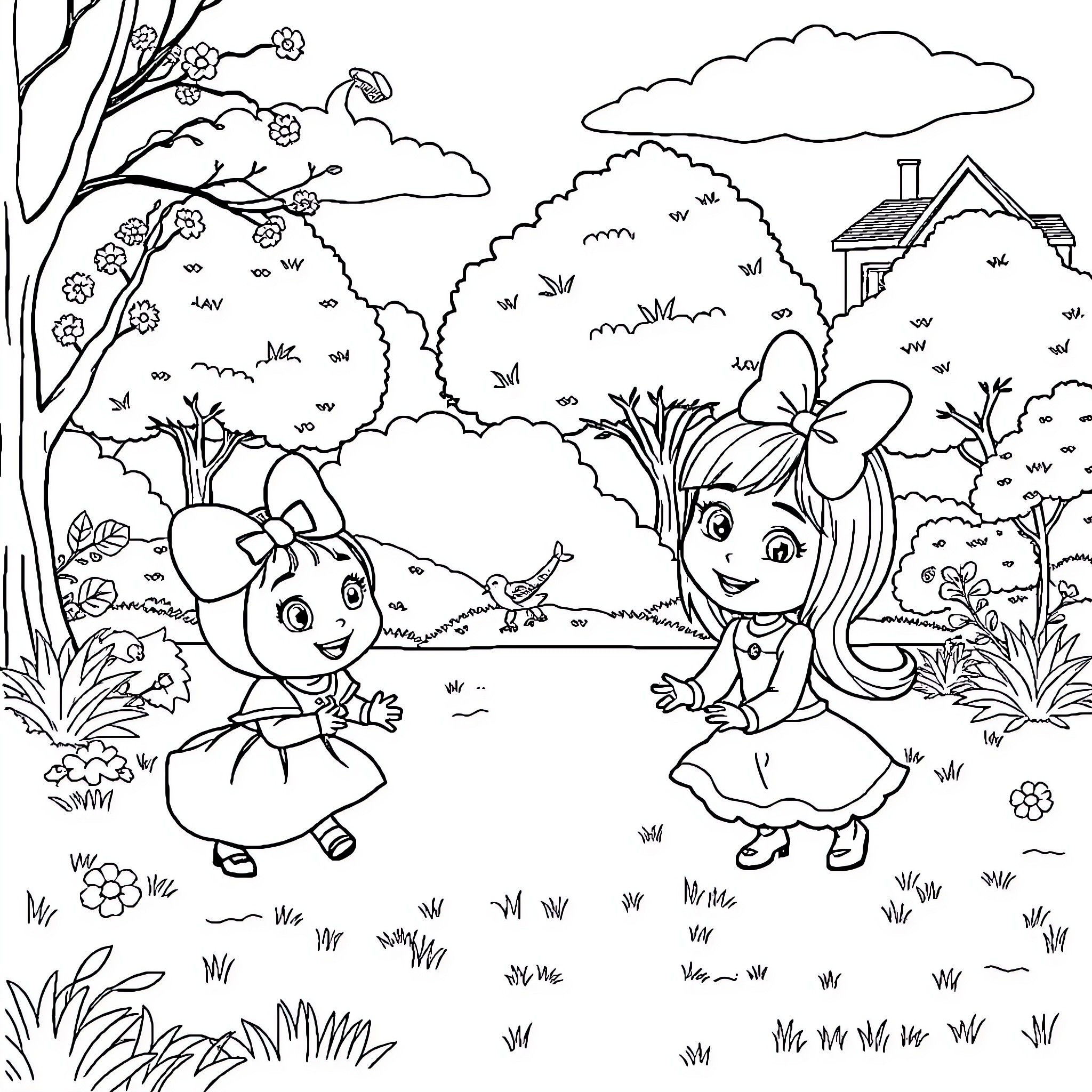 Masha and her friend exploring the nature Coloring Page (free black-and-white line drawing printable PDF for all, from beginners to advanced learners, including children, teens, adults, and seniors)