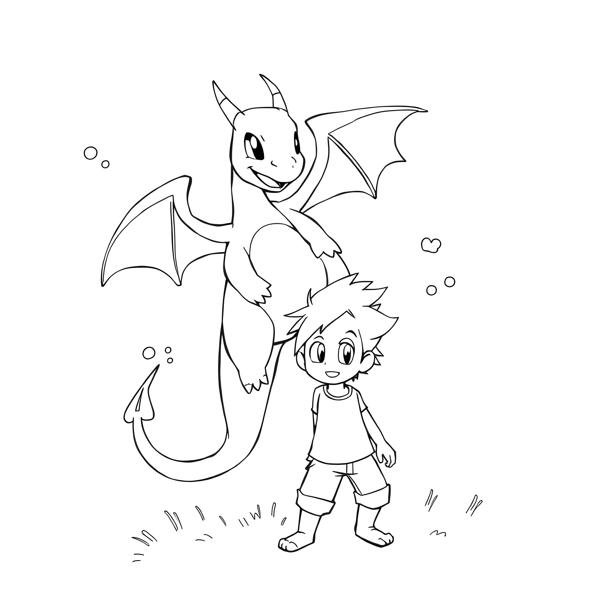 Dragonite and a young trainer exploring together Coloring Page (free black-and-white line drawing printable PDF for all, from beginners to advanced learners, including children, teens, adults, and seniors)