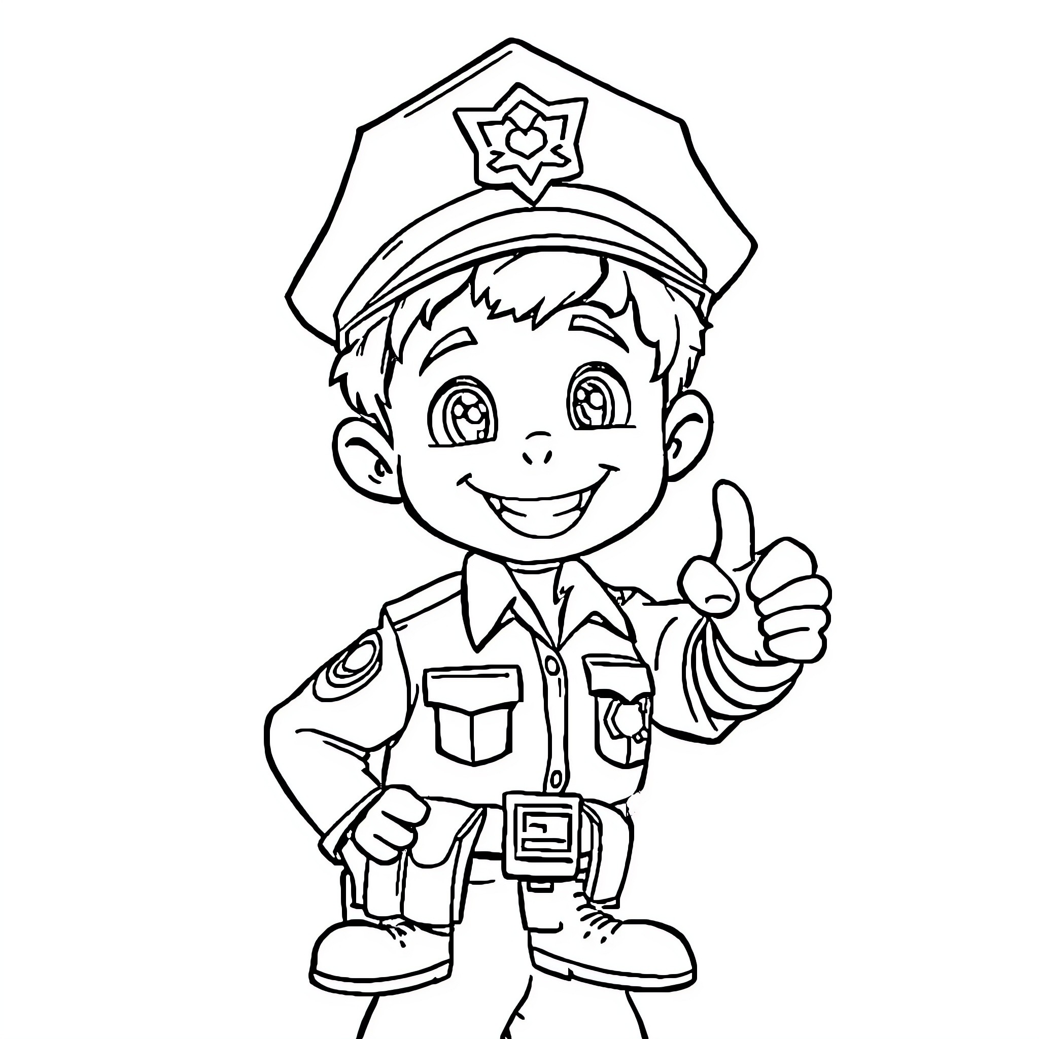 Kid Police Officer Giving Thumbs Up Coloring Page (free black-and-white line drawing printable PDF for all, from beginners to advanced learners, including children, teens, adults, and seniors)