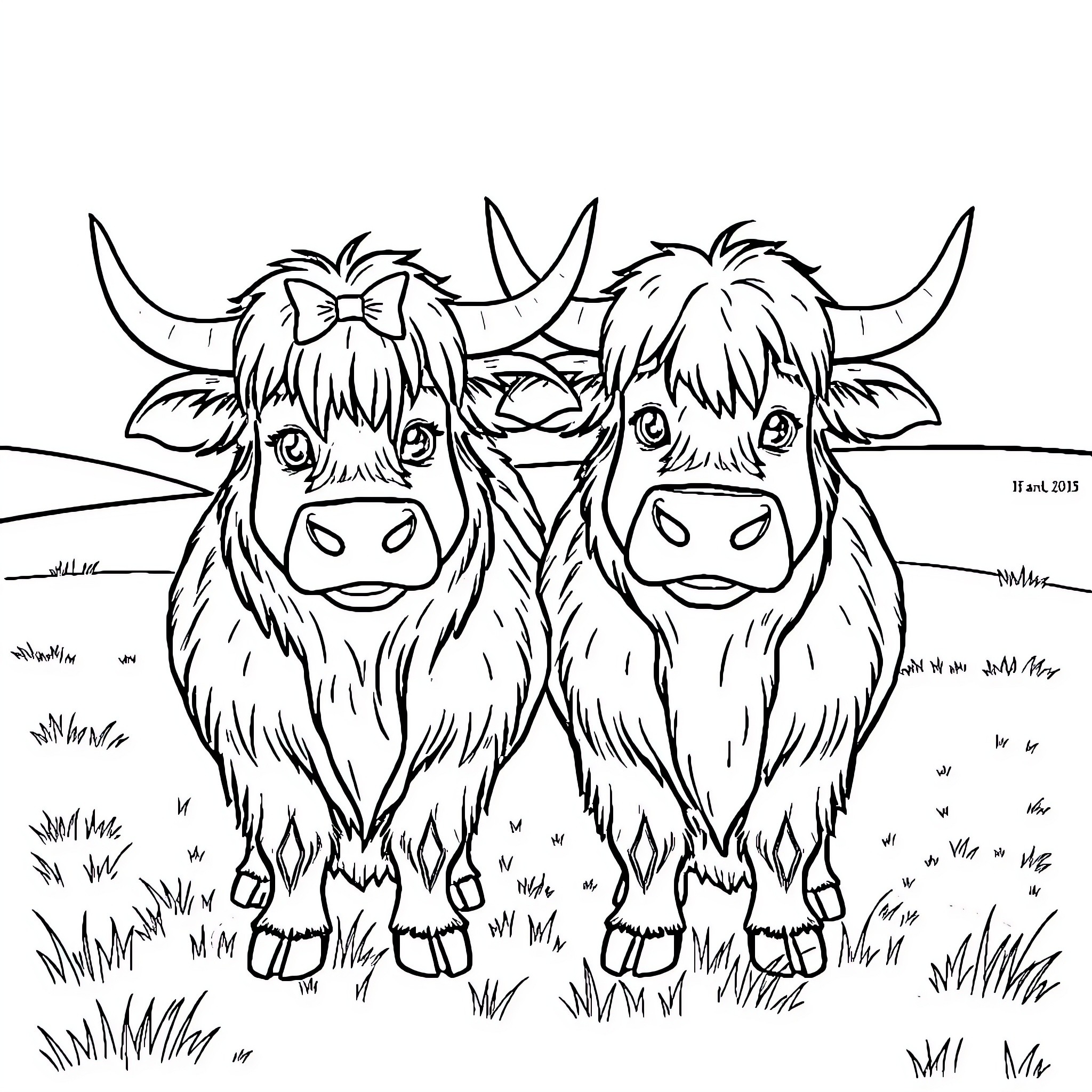 Scottish Highland Cattle exploring the grassy field Coloring Page (free black-and-white line drawing printable PDF for all, from beginners to advanced learners, including children, teens, adults, and seniors)