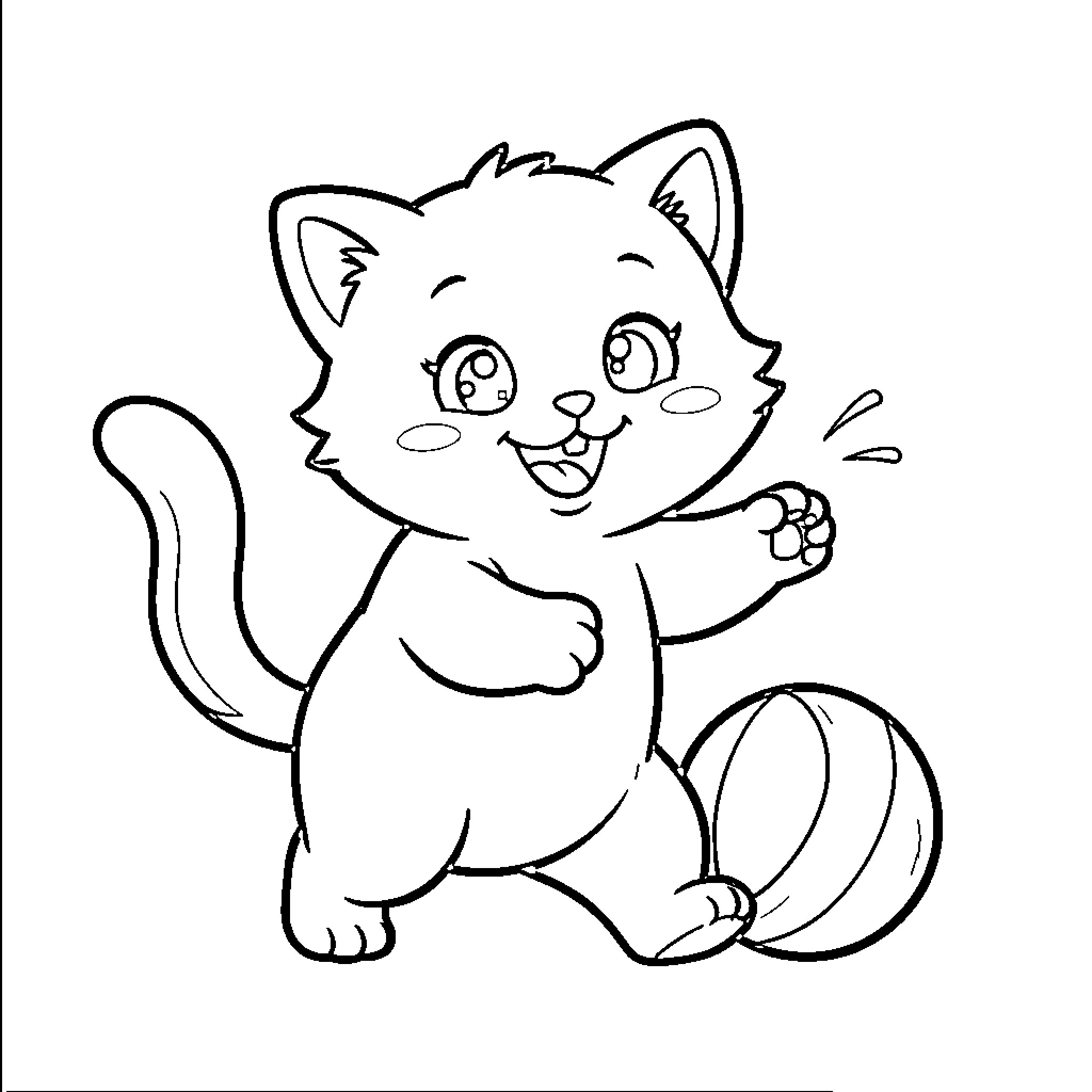 Cat playing with ball Coloring Page (free black-and-white line drawing printable PDF for all, from beginners to advanced learners, including children, teens, adults, and seniors)