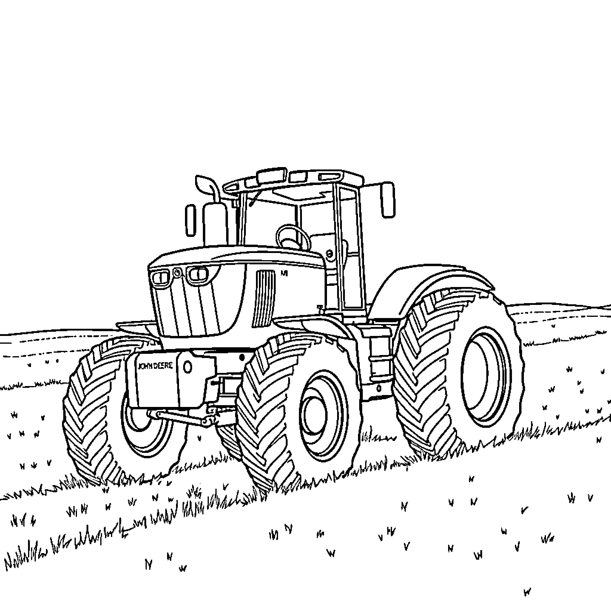 John Deere tractor plowing a field Coloring Page (free black-and-white line drawing printable PDF for all, from beginners to advanced learners, including children, teens, adults, and seniors)