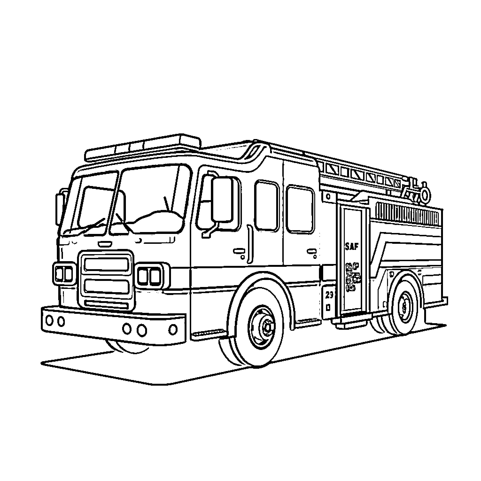 Fire Truck responding to an emergency scene Coloring Page (free black-and-white line drawing printable PDF for all, from beginners to advanced learners, including children, teens, adults, and seniors)