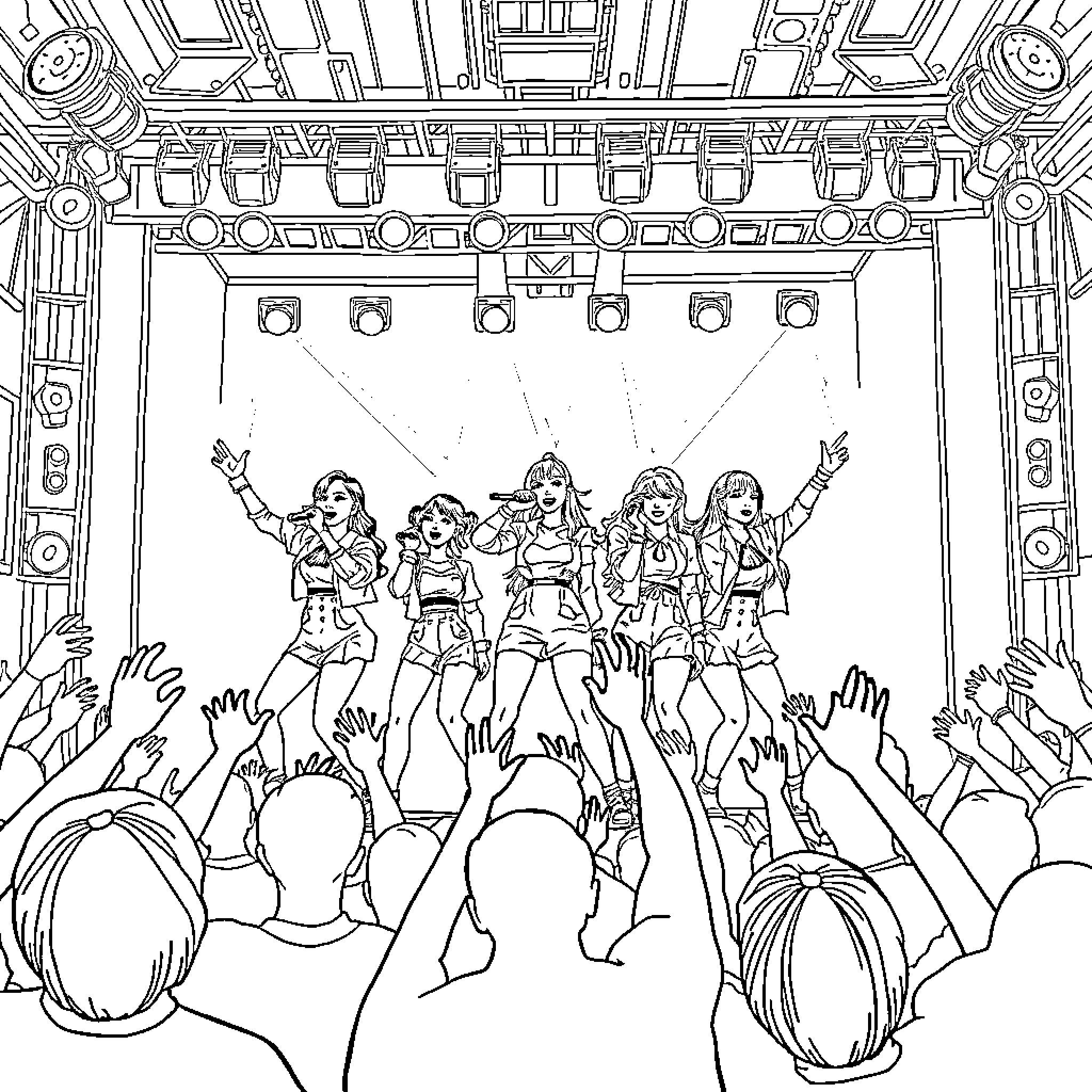 Huntrix Band Performing for Excited Fans Coloring Page (free black-and-white line drawing printable PDF for all, from beginners to advanced learners, including children, teens, adults, and seniors)