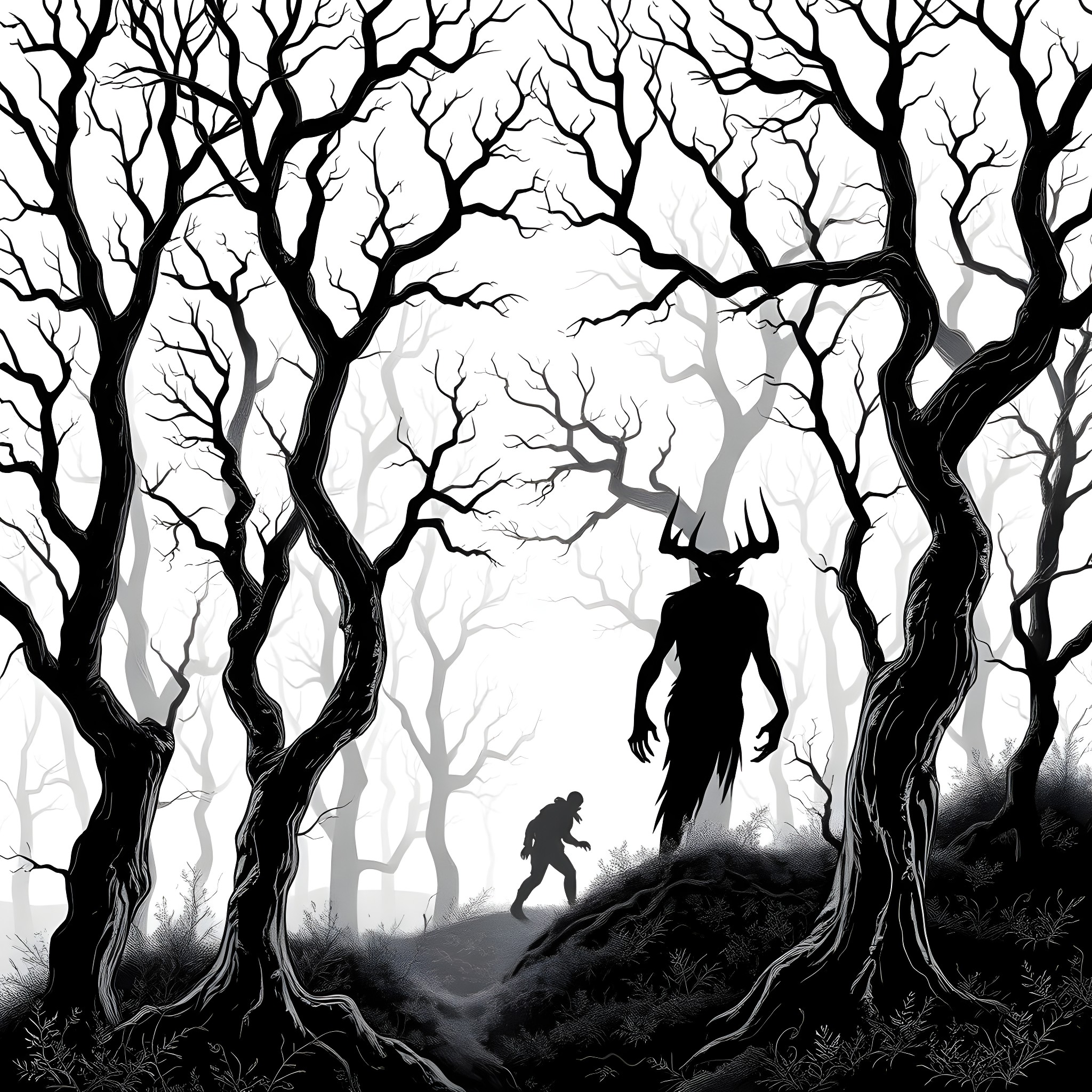 Wendigo stalking through the haunted forest Coloring Page (free black-and-white line drawing printable PDF for all, from beginners to advanced learners, including children, teens, adults, and seniors)